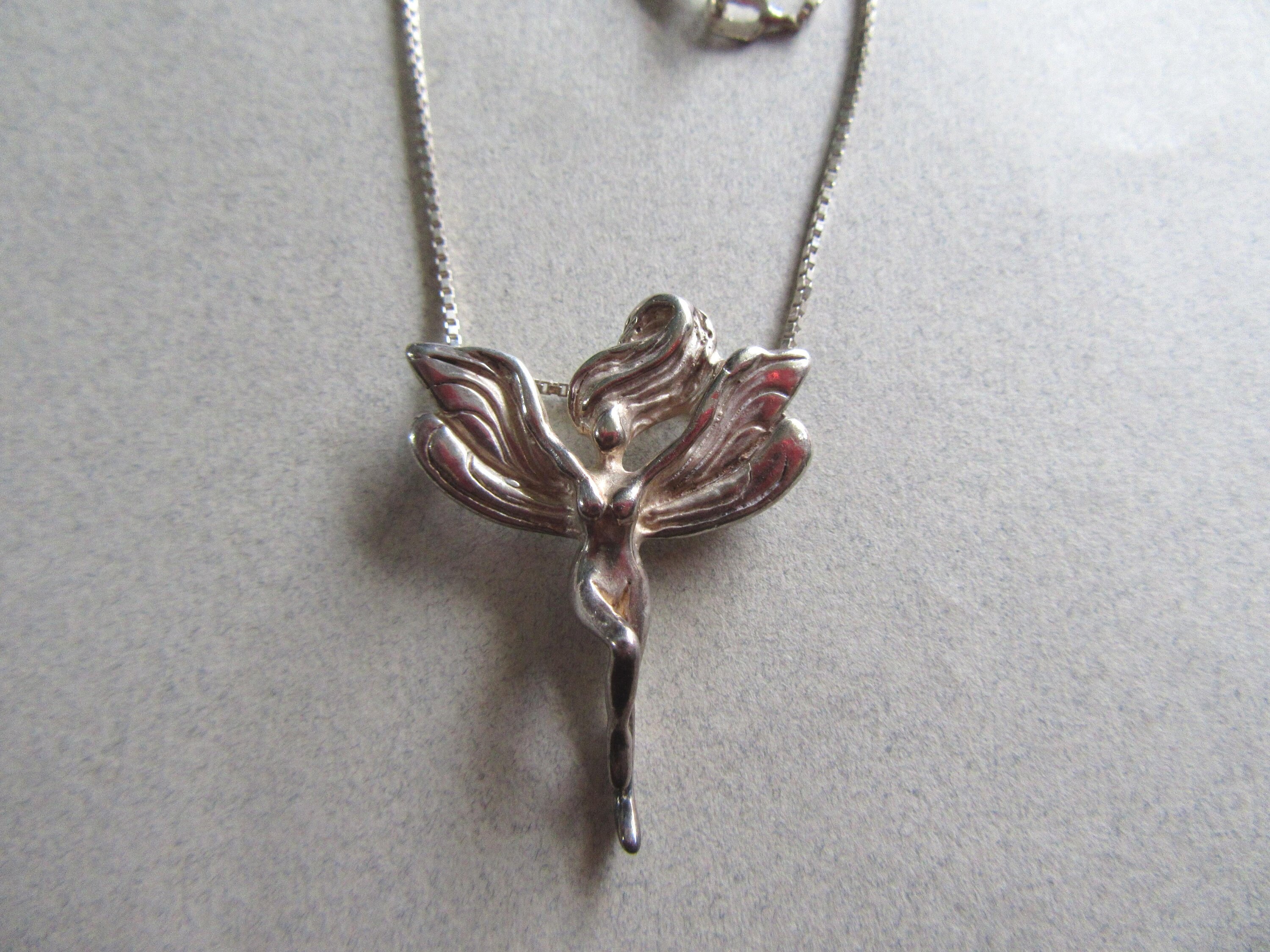 1970's Sterling Silver Winged Goddess Necklace 22" Box Chain Italy 925 Fine Jewelry Me Too Women Power MoonlightMartini