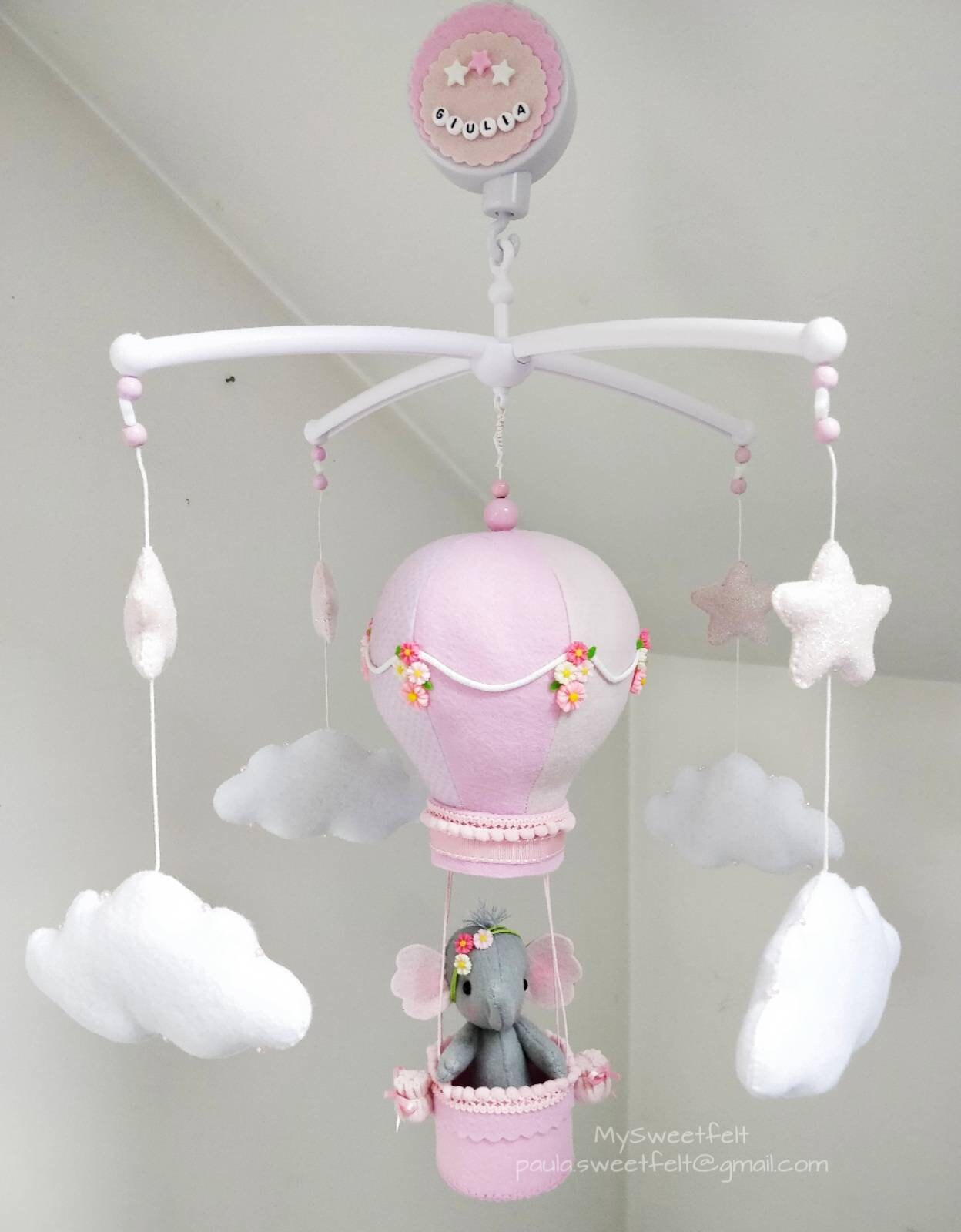 Baby Musical Mobile Hot Air Balloon With Elephant Felt Baby Etsy