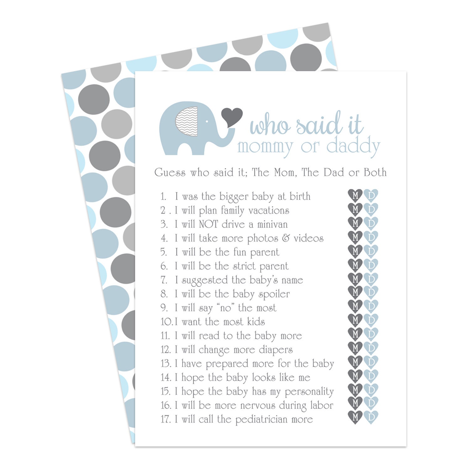 Blue Elephant Baby Shower Game Mommy Or Daddy Guess Who Knows Etsy