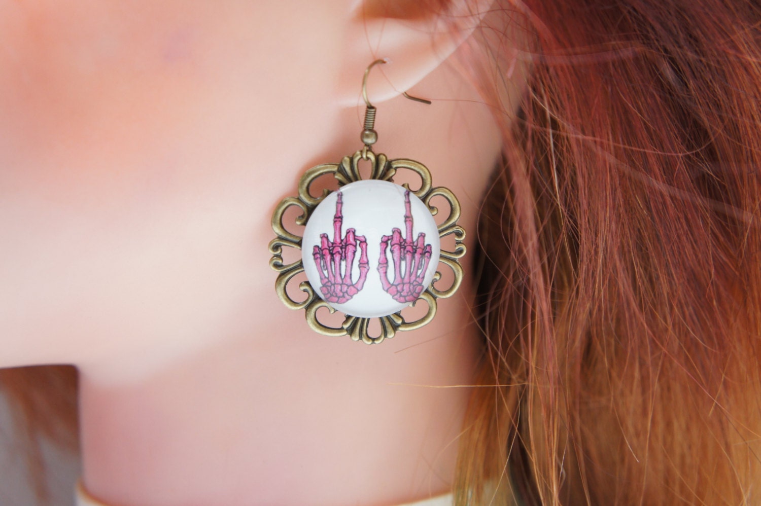 Fuck You Skeleton Hands Middle Finger Filigree Dangle Earrings Pendant Adjustable Ring