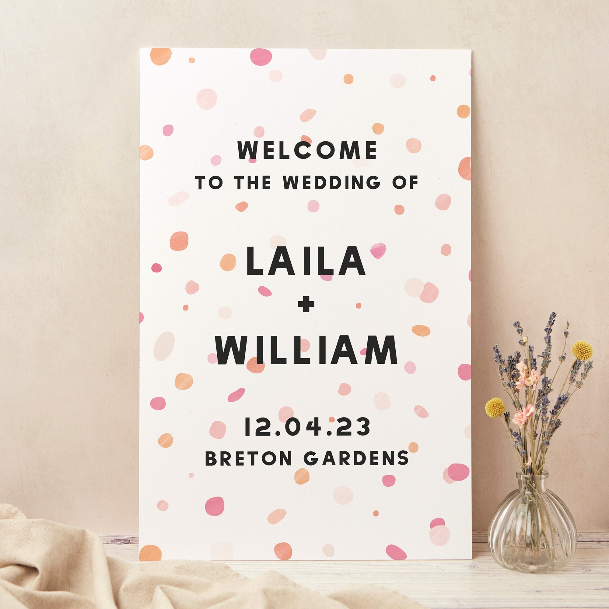 Wedding Welcome Sign, Custom Large Board, Printed, Bright Pink Confetti