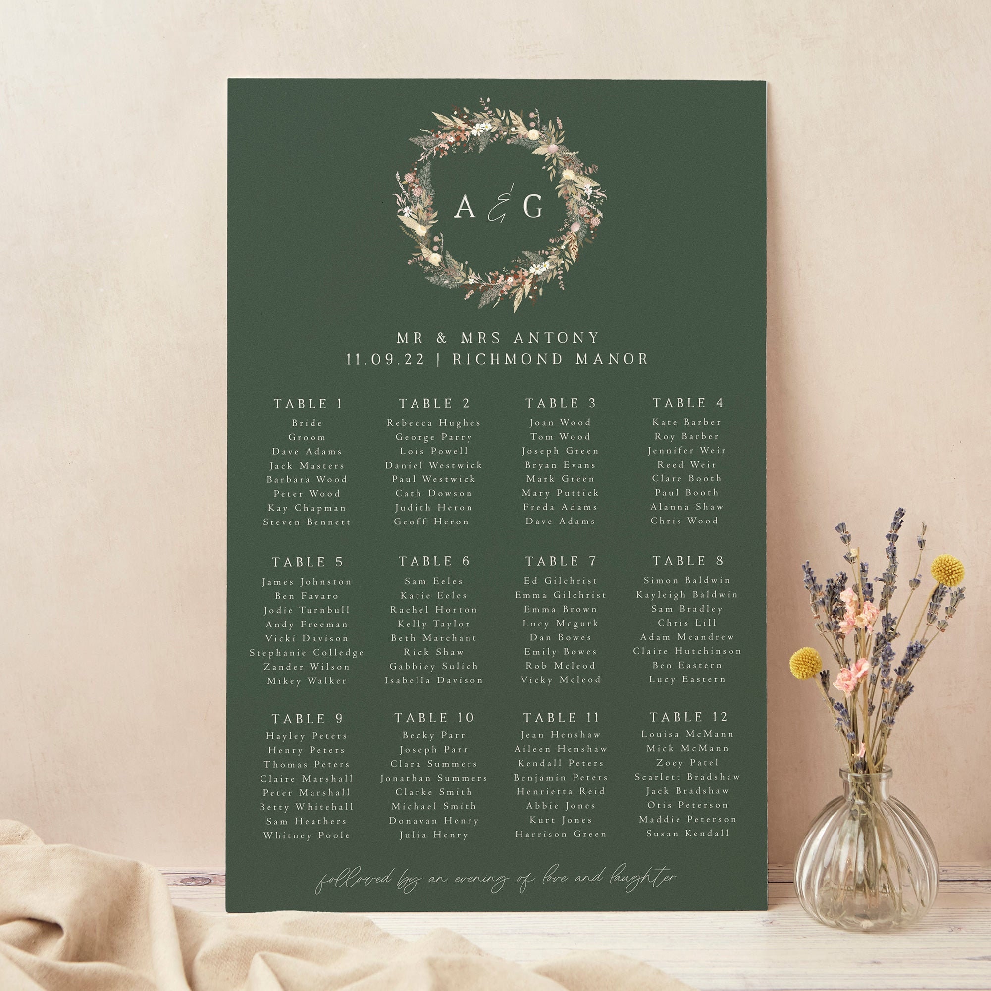 Wedding Table Plan, Seating Chart, Dried Flower Wreath