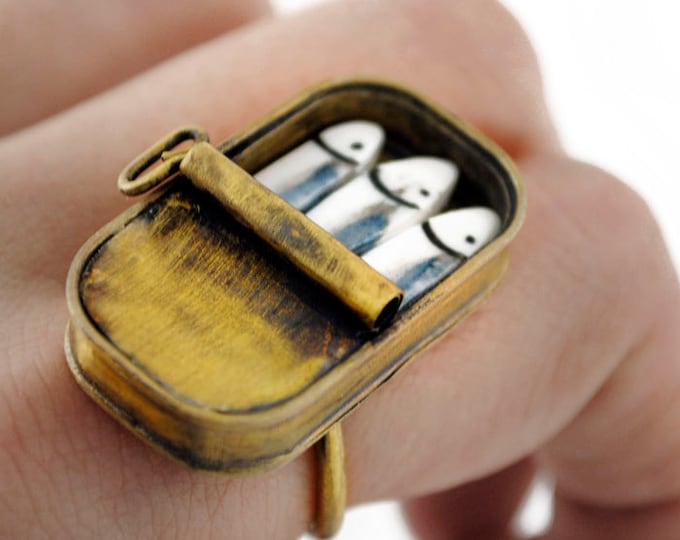 SARDINES tin can Ring , Large original Ring, Adjustable ring for women, Porcelain jewelry, Golden brass ring, Vintage Ring