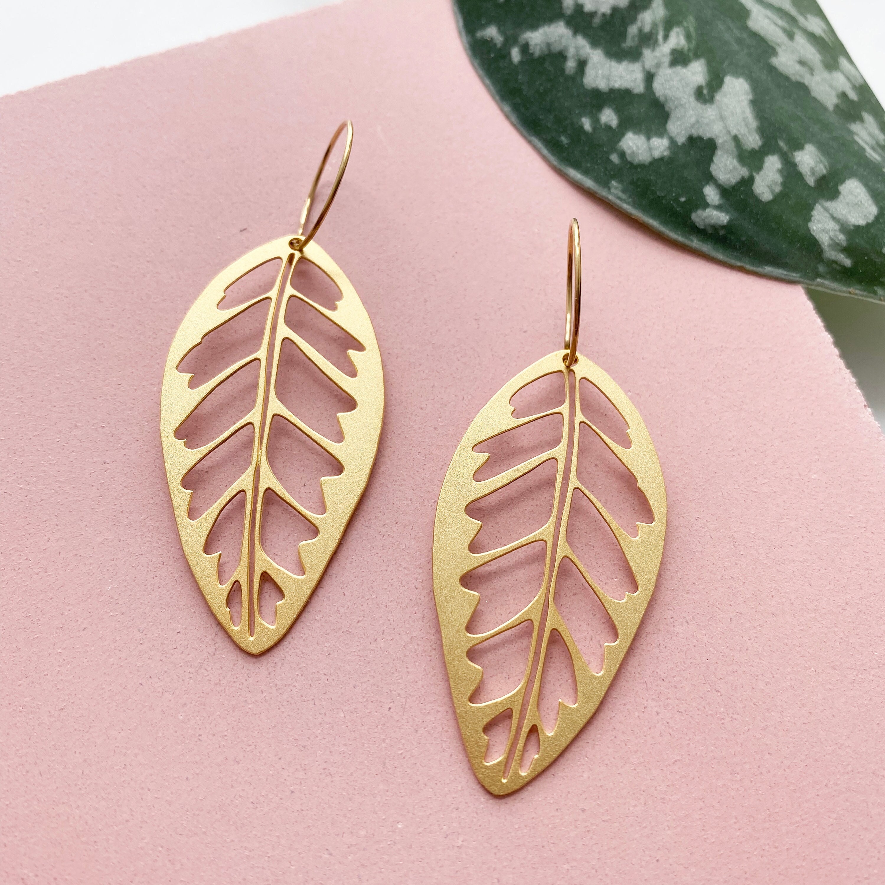 Tropical Gold Leaf Hoop Earrings - House Plant Delicate Dangle Statement