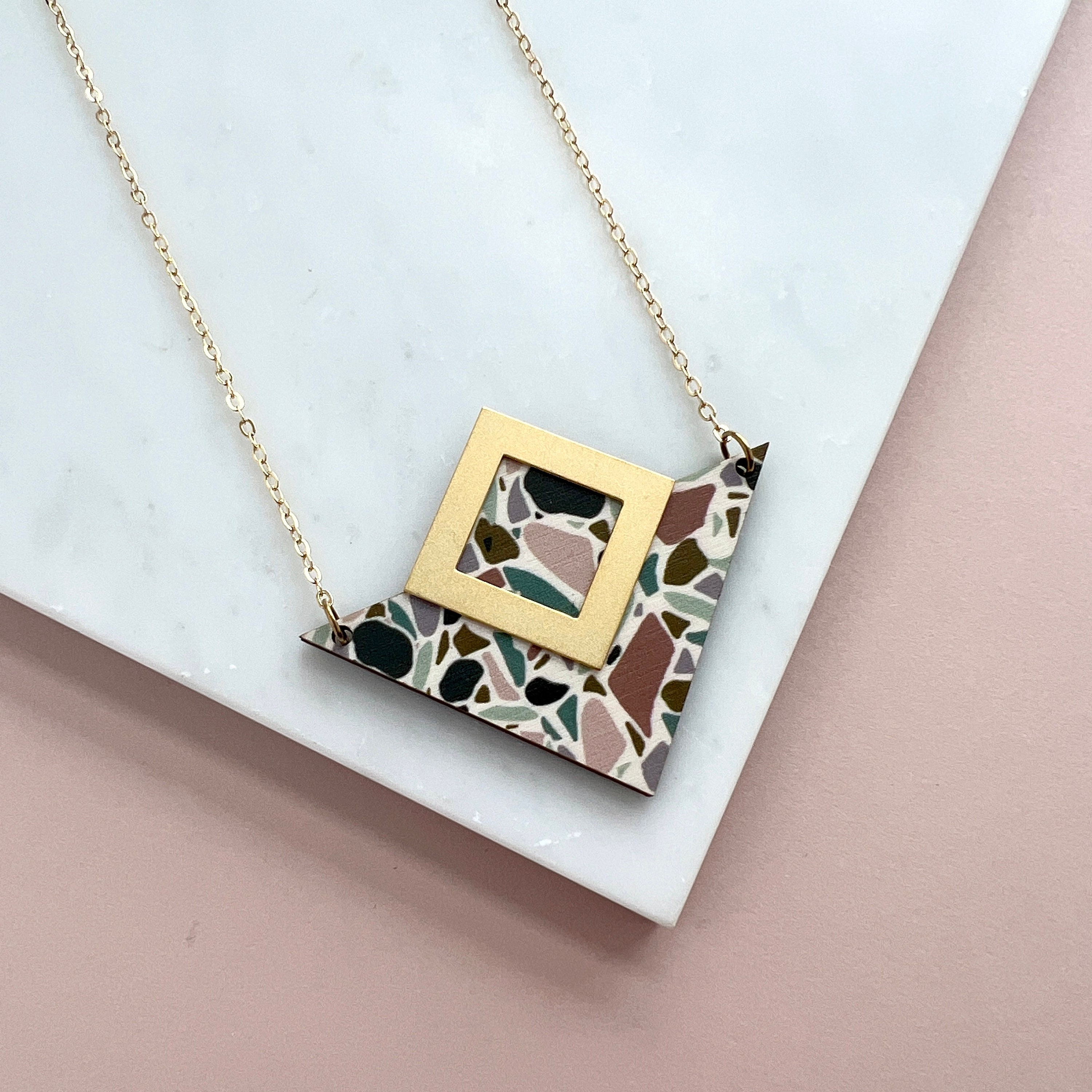 Terrazzo & Gold Triangle Necklace - Geometric Statement Pendant Modern Jewellery Gift For Her