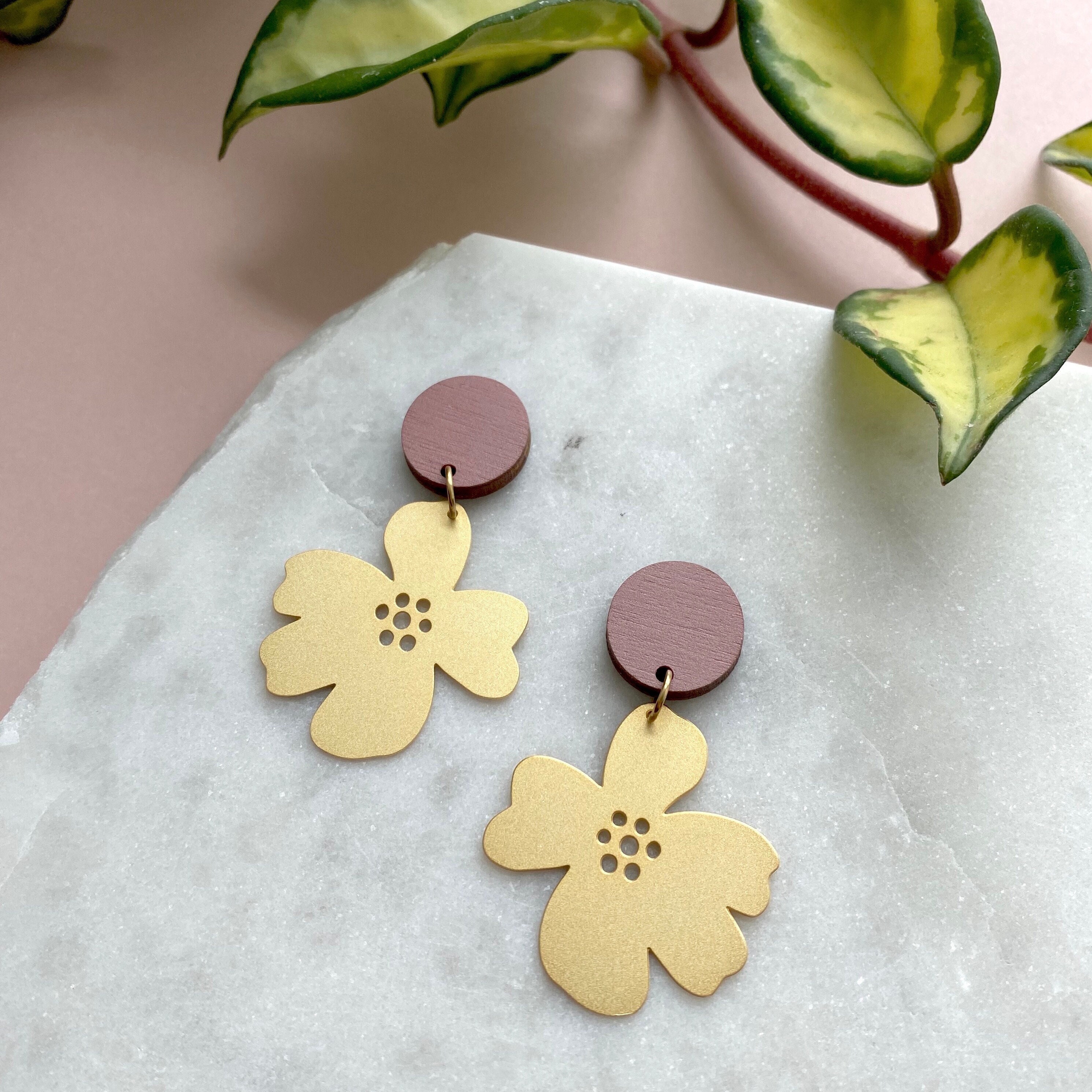 Flower Dangle Earrings - Statement Gold Floral Botanical Studs Pink &