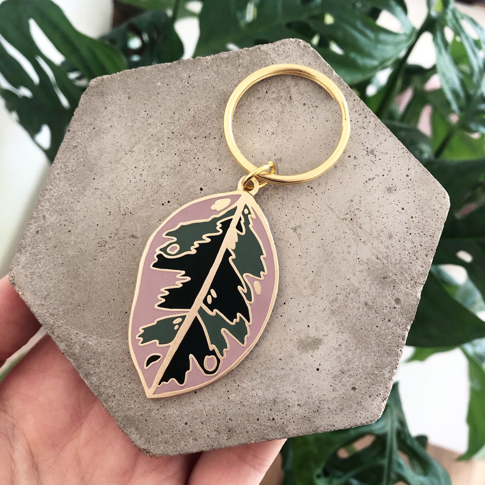 Ficus Keychain - Leaf Enamel Tropical Keyring Rubber Plant