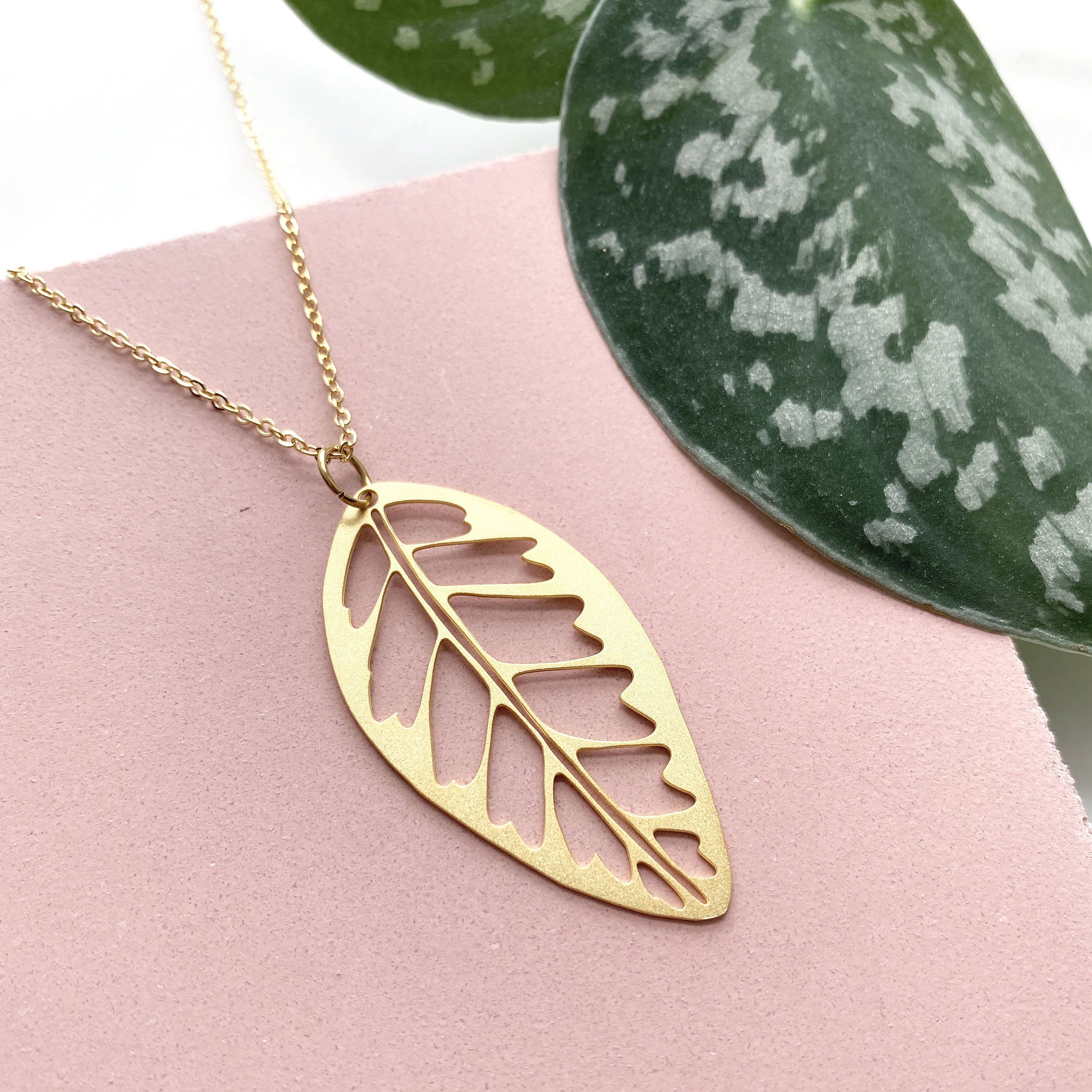 Tropical Gold Leaf Necklace - Simple Pendant Gift For Her Plant Jewellery Calathea