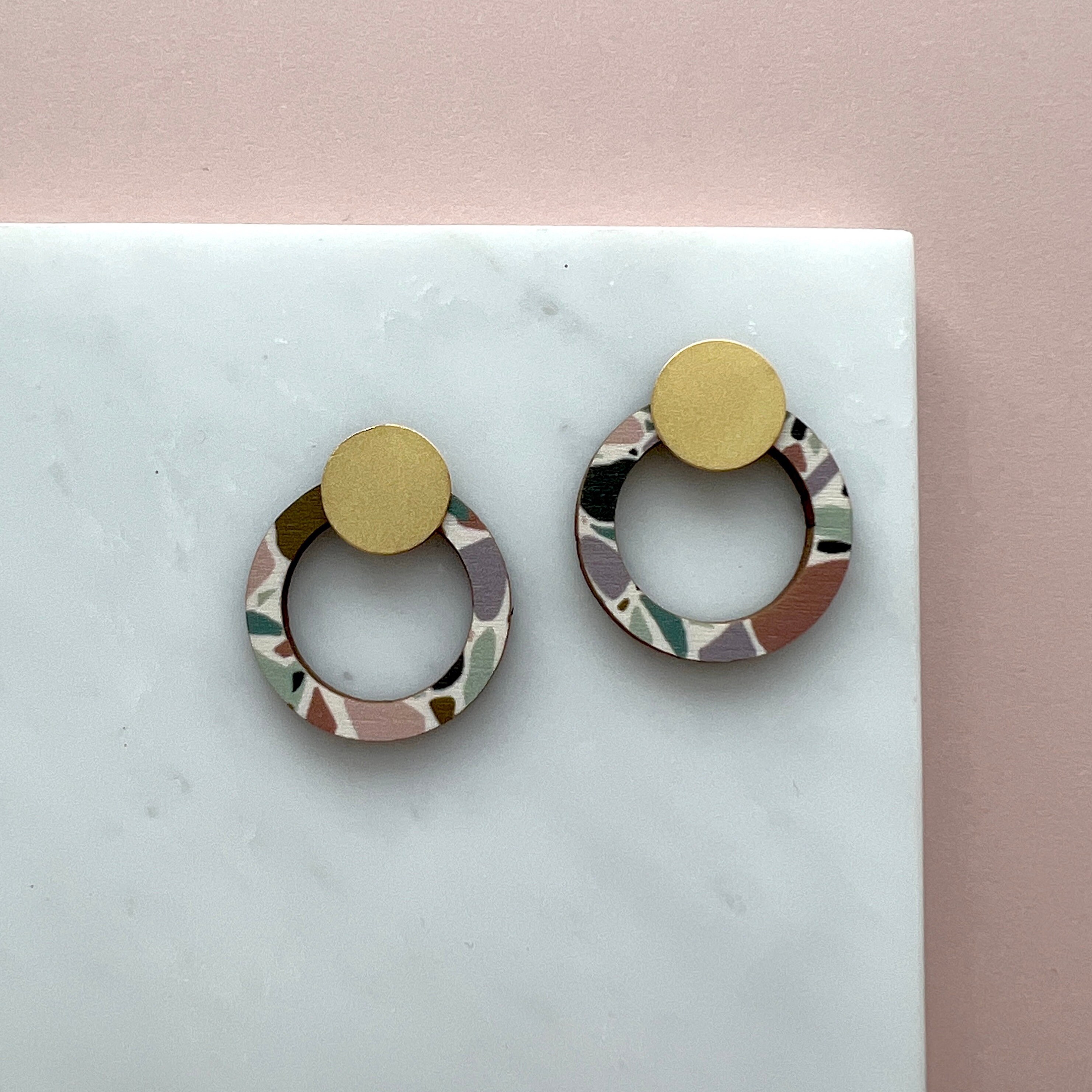 Terrazzo Ring Stud Earrings - Circle Studs Geometric Hoop Brass Minimal