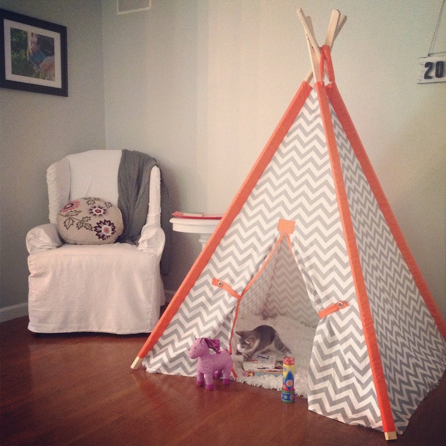 Chevron Kids Teepee with Solid Orange Sleeves Chevron Kids Tent, Kids Play Tent Chose your fabric