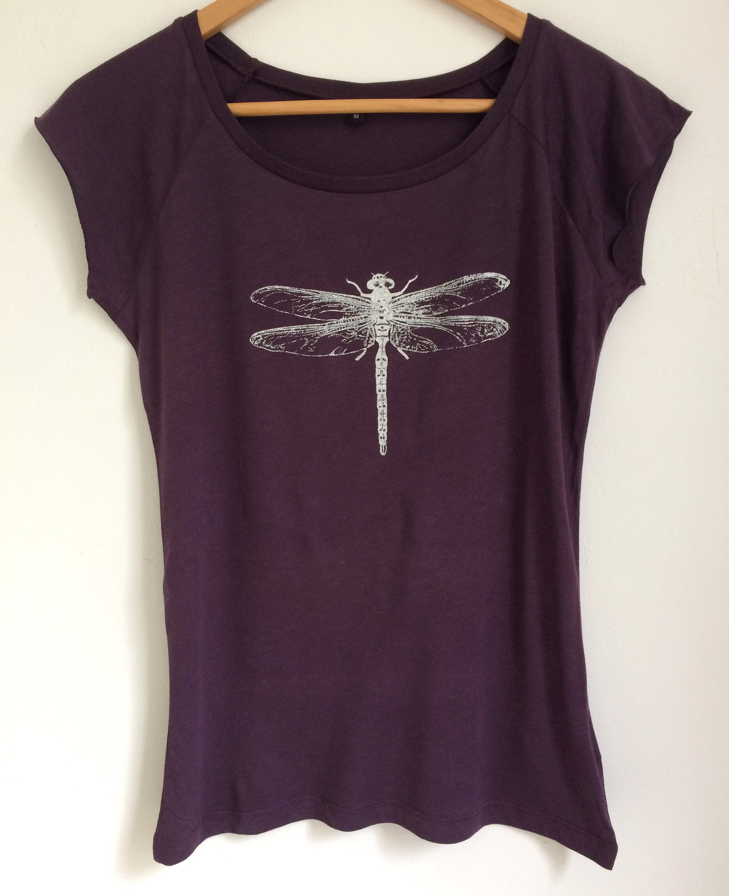 Dragonfly Womens Bamboo & Organic Cotton T Shirt Eggplant Silver Screen Print Ethical Tee