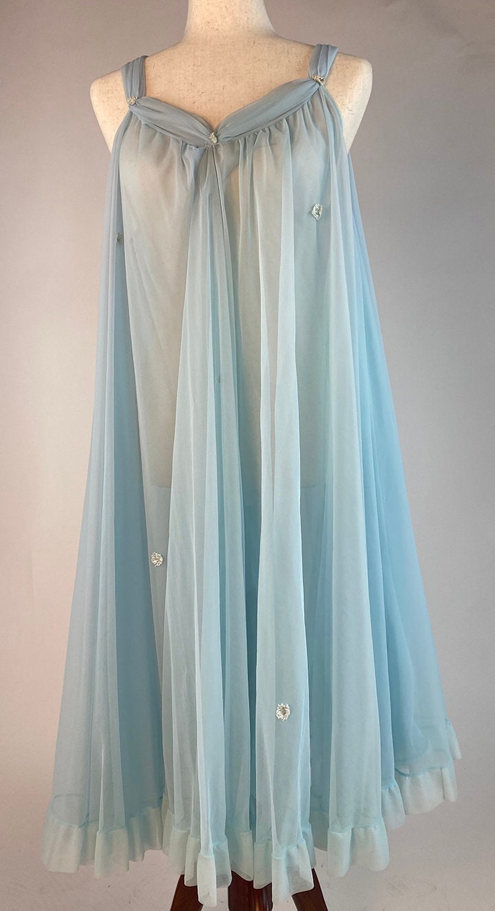 RESERVED Vintage S Powder Blue Babydoll Nightgown Peignoir Set Nylon Chiffon Lingerie Negligee