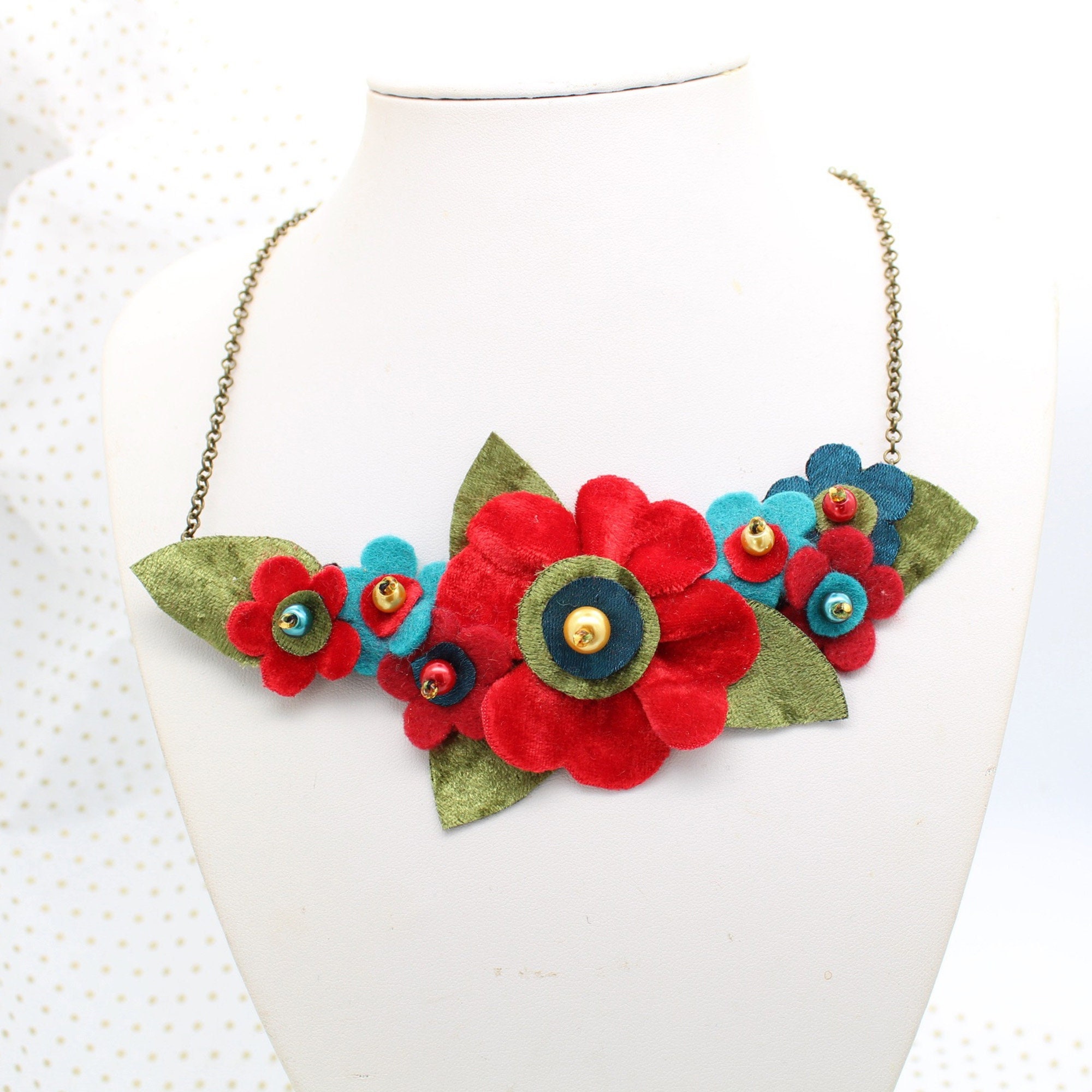 Colourful Red, Teal & Bright Blue Statement Necklace With Hand Cut Sewn Fabric Felt Flowers