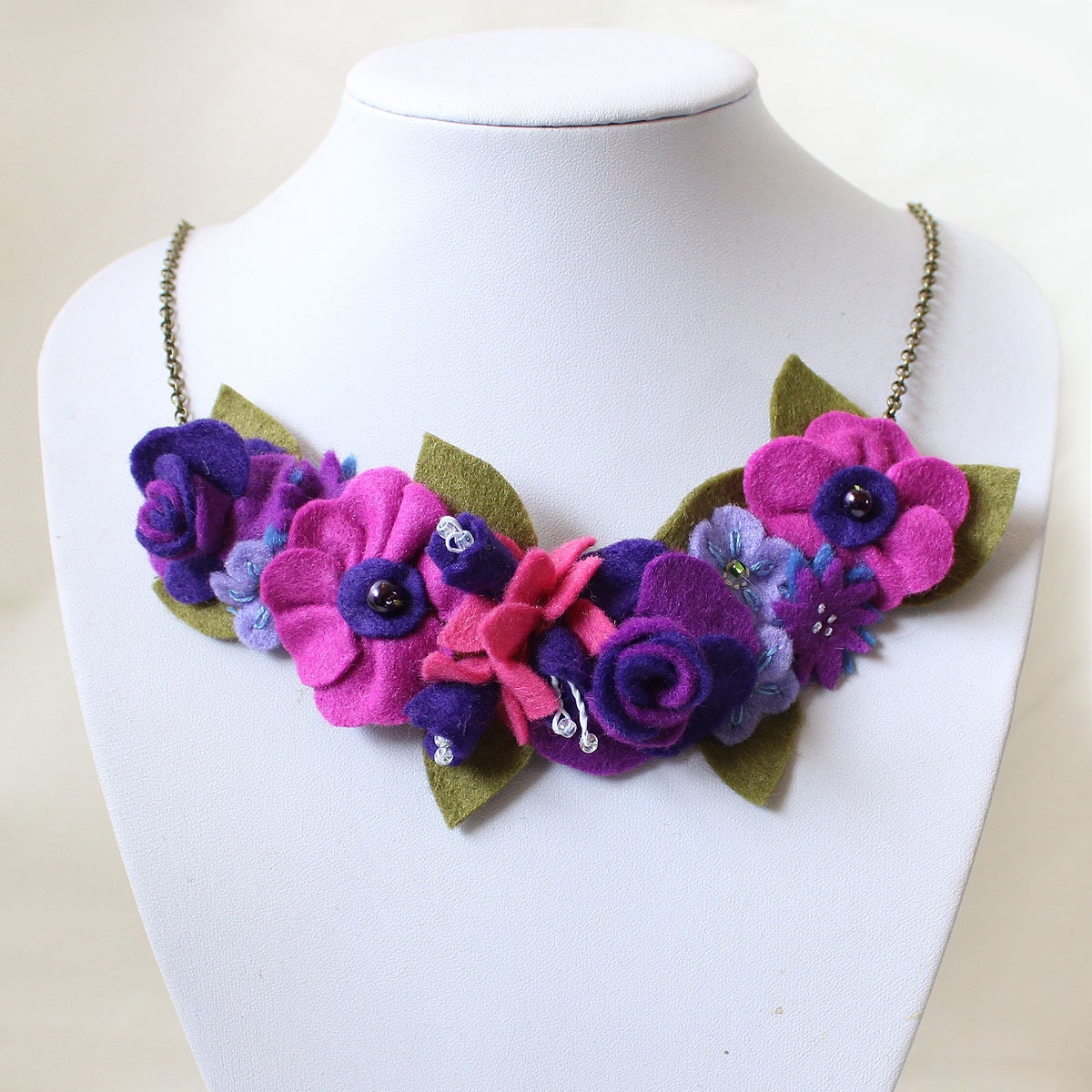 Felt Flowers Statement Necklace, Large Bright Pink & Purple Floral Necklace With Fuchsias, Roses, Forget-Me-Nots, Poppies Cornflowers