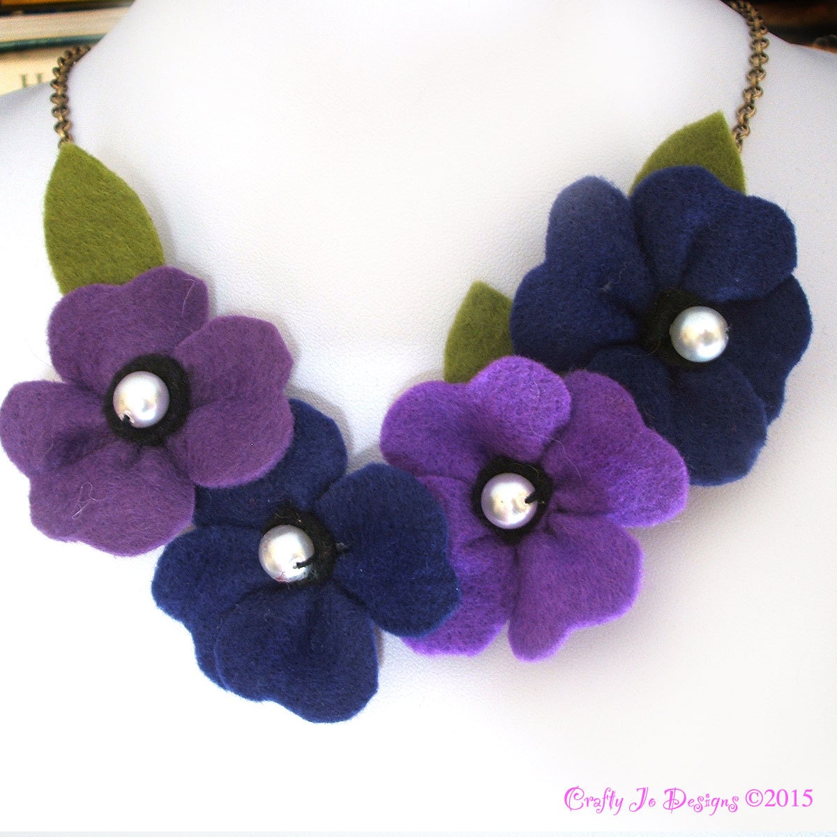 Purple Flowers Bib Necklace, Poppy Statement Deep Flower Poppies & Pearls Felt Jewelry, Gift For Her