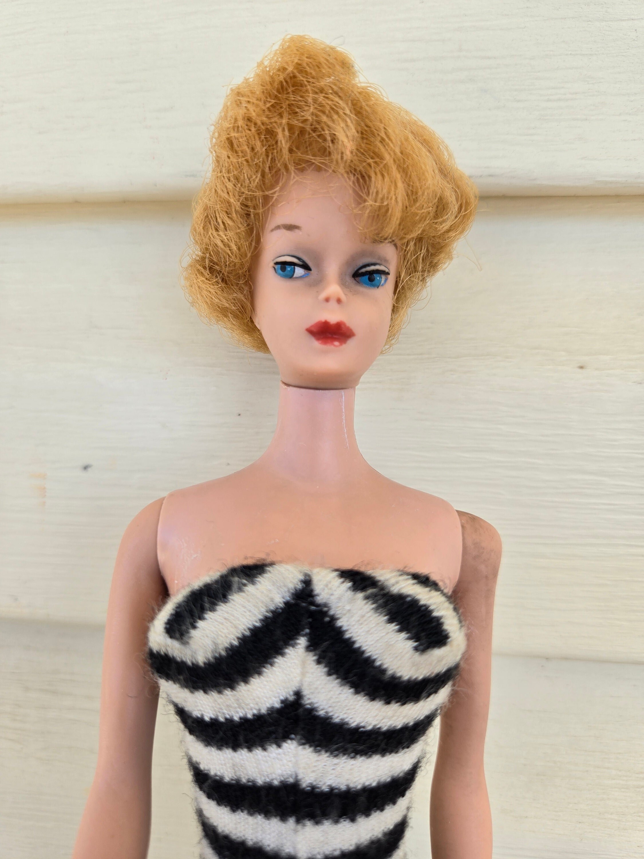 Blonde Doll Bubble Cut Barbie Tight Hair Striped Swimsuit Vintage S Fashion Mothers