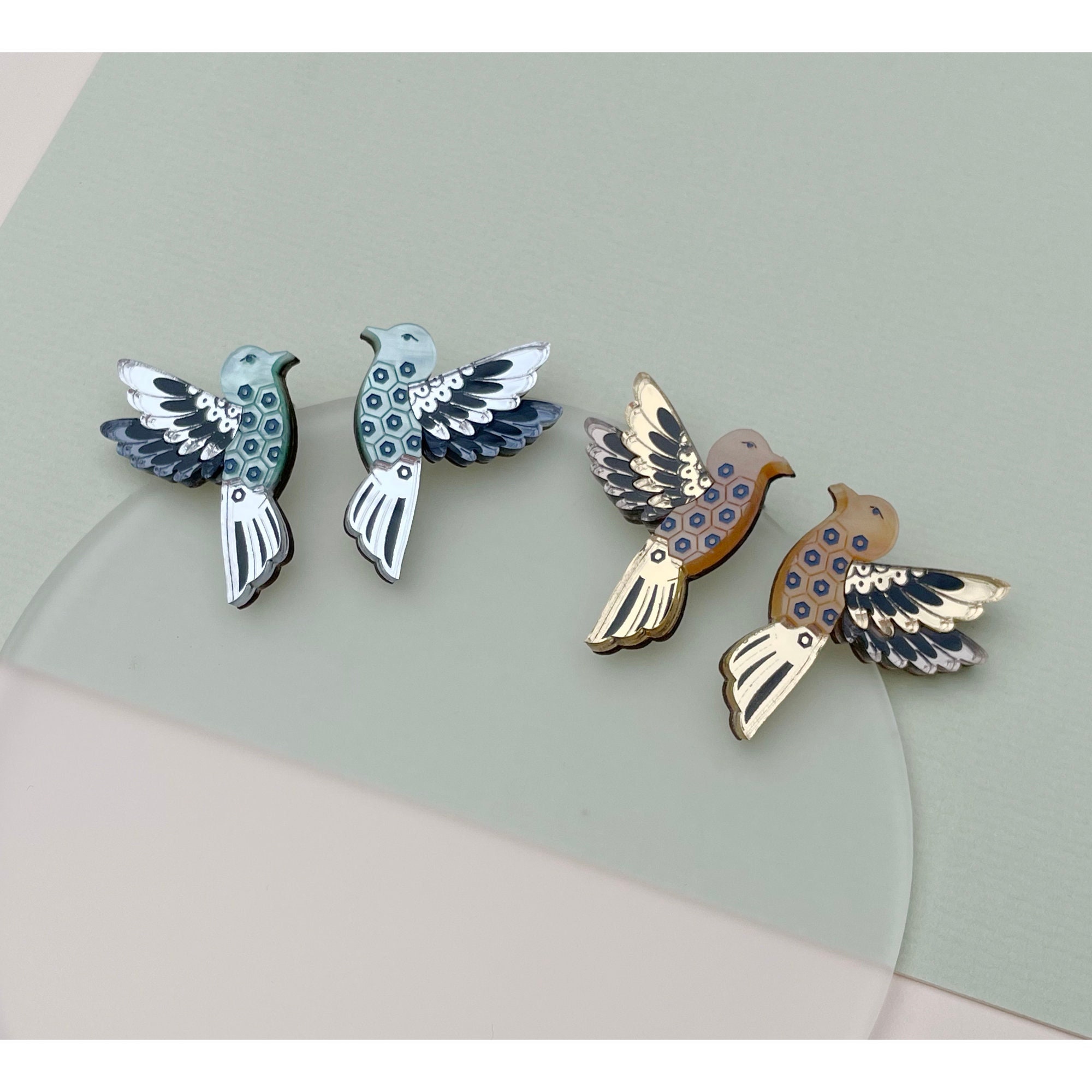 Hummingbird Stud Earrings | Laser Cut Bird Gold, Silver, Mint Green, Marble
