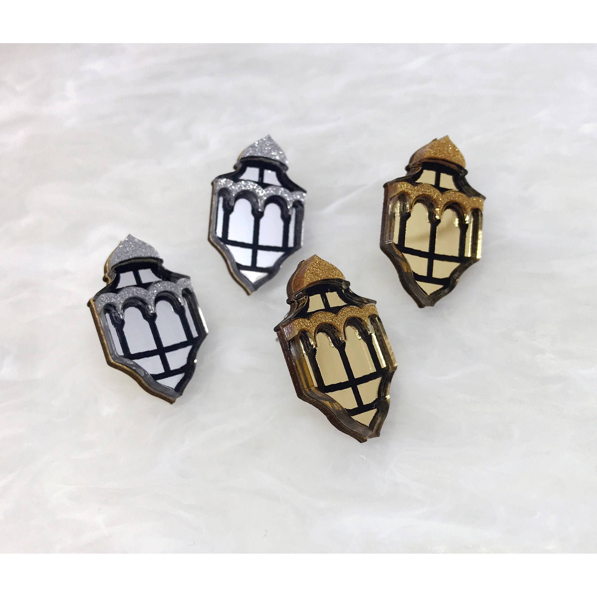 Lantern Stud Earrings | Laser Cut Jewellery Art Deco Studs Lightweight Gold Black Acrylic Perspex Glitter Wood