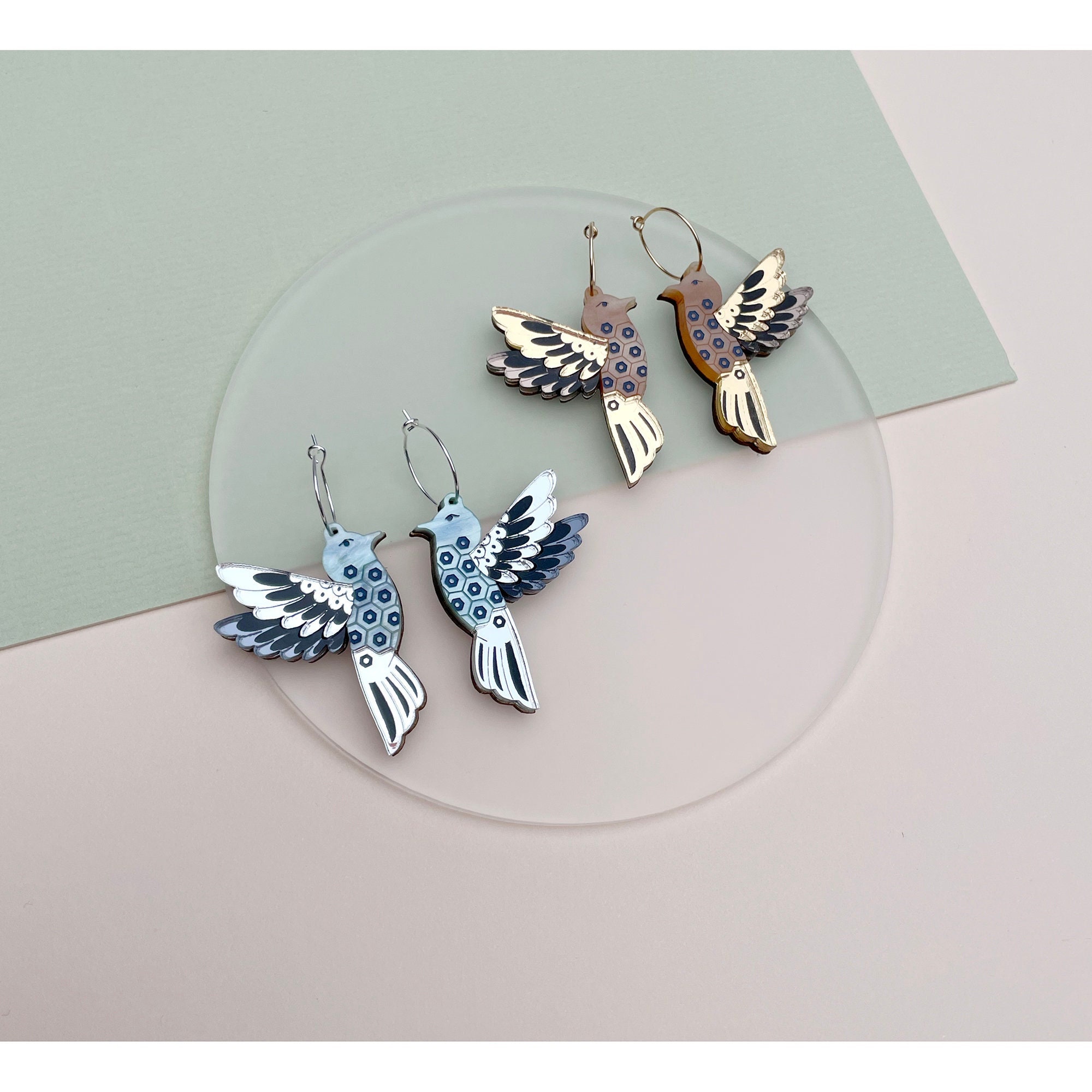 Hummingbird Hoop Earrings | Laser Cut Bird Gold, Silver, Mint Green, Marble