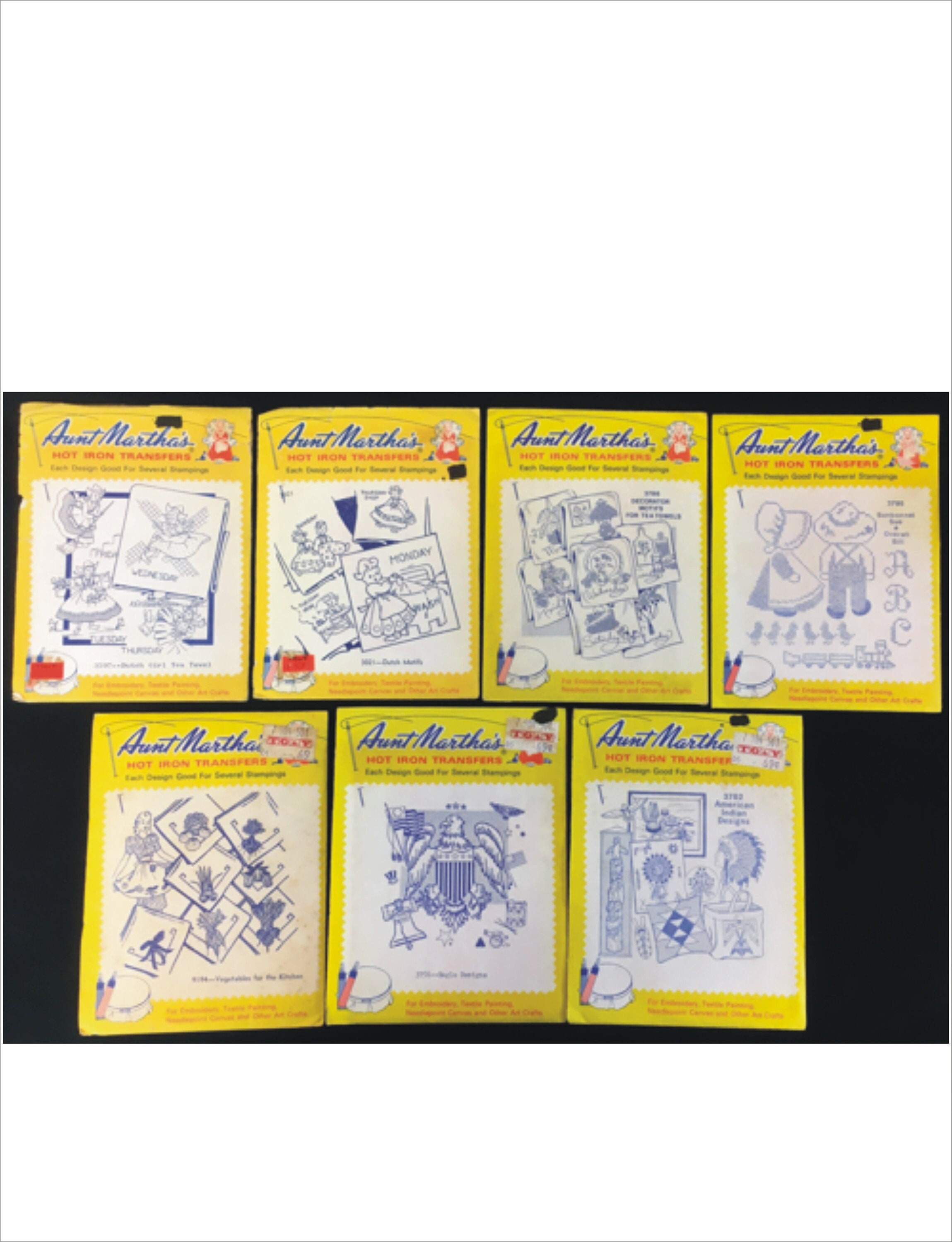Uncut Lot Of 7 Aunt Marthas Hot Iron Vintage Embroidery Paint Transfers 3597 3021 3788 3795