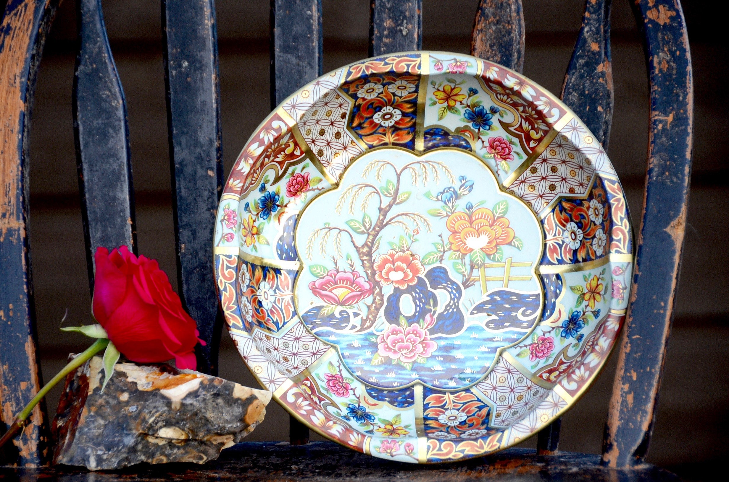 Vintage Daher Made in England floral Serving Dish ca. 1971 | Boho Wedding Decor |Decorated Tin Bowl | floating Candle Dish | Decorative Tin