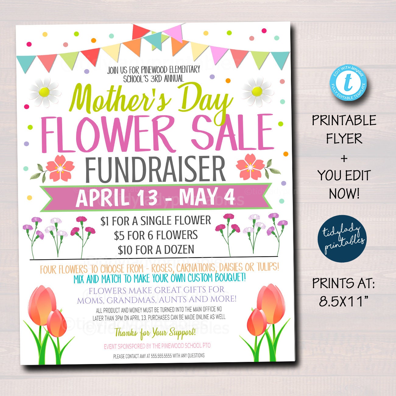 Mother S Day Flower Fundraiser Flyer Roses Carnation Printable Invite