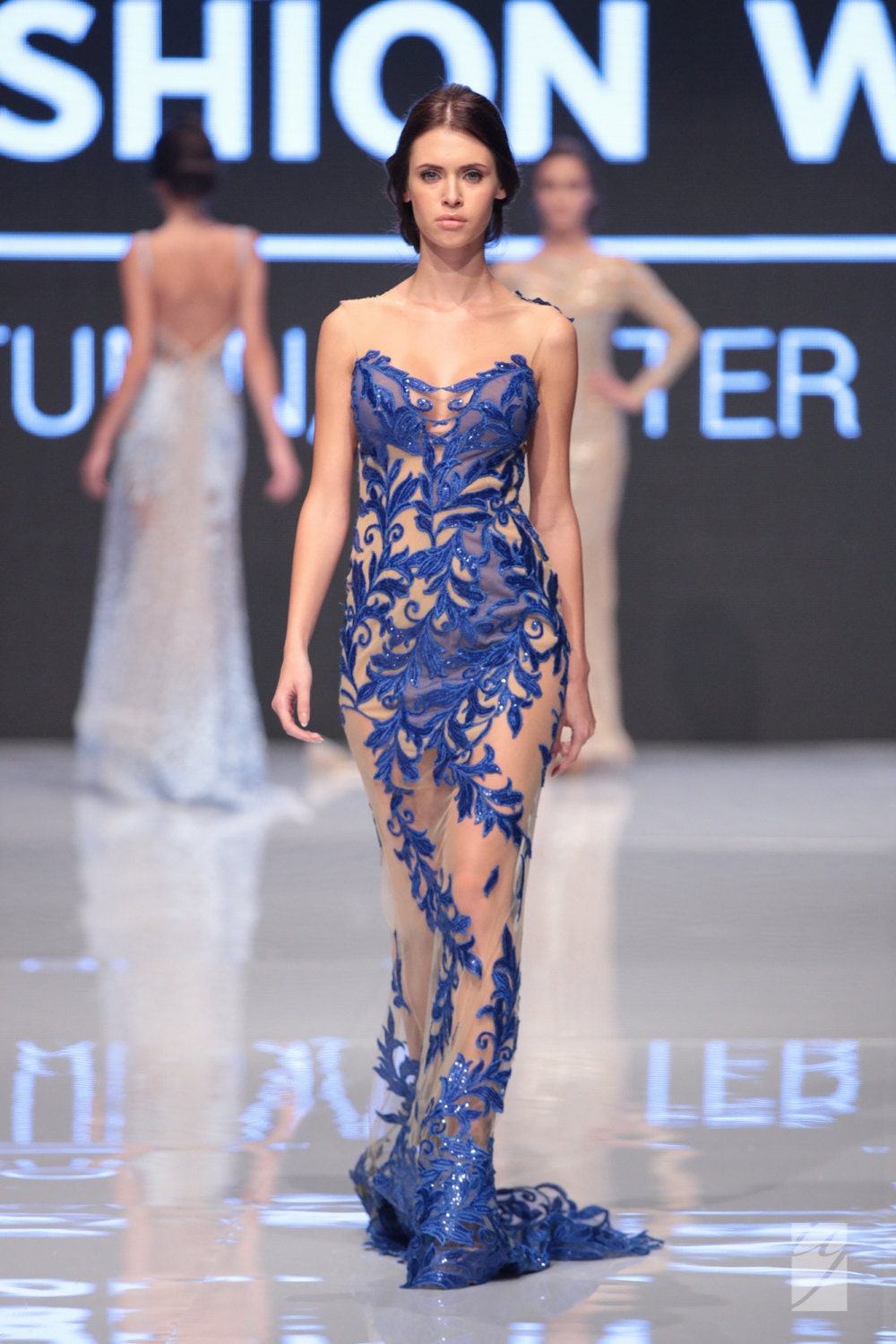 Blue Evening Gown Sexy Formal Dress With Sequins Nude Modern Prom Gown Of Tulle With