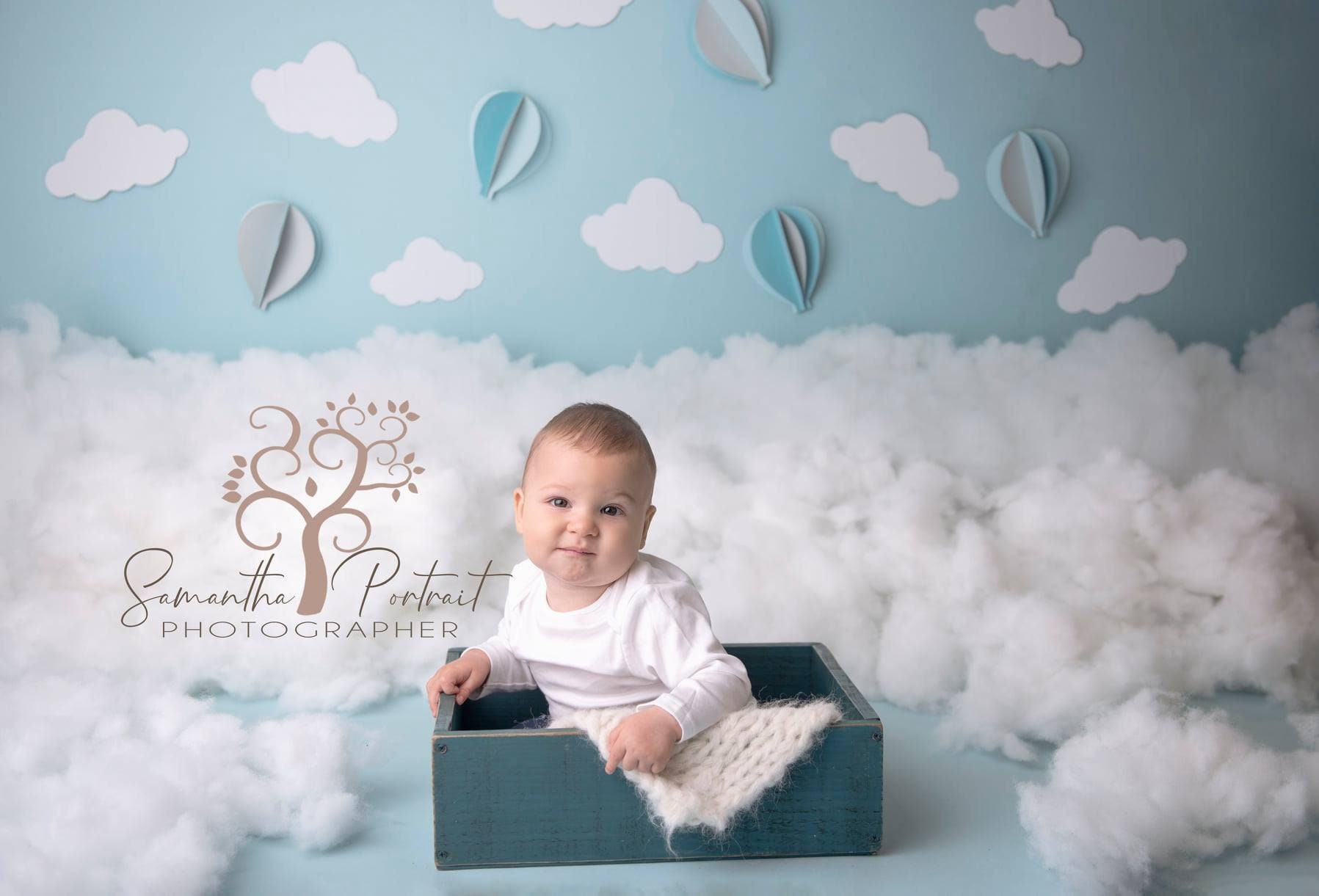 Hot Air Balloon Photography Backdrop Puffy Clouds Sky Cake Smash Birthday Travel Floating