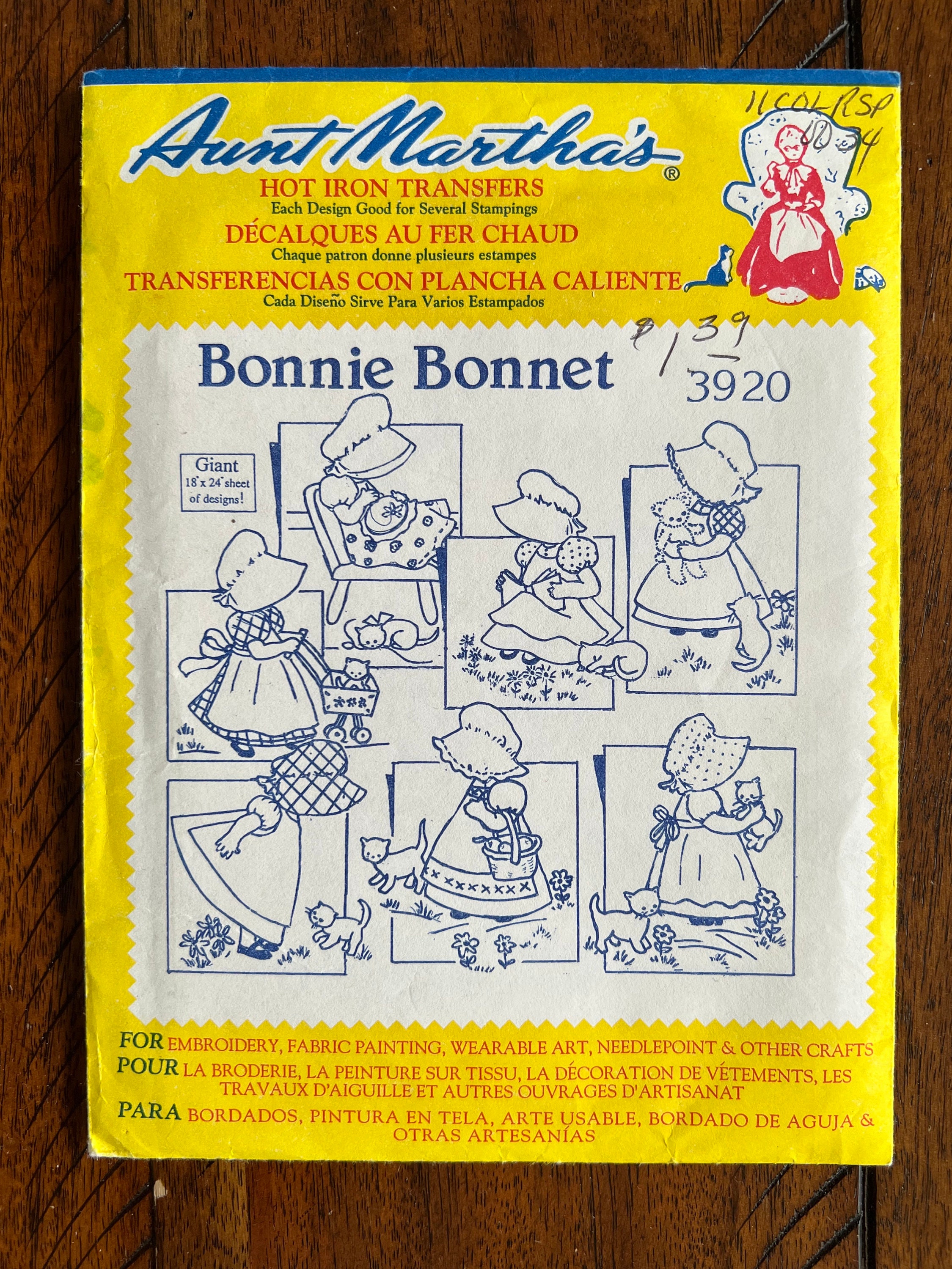 Aunt Martha S Hot Iron Transfers Bonnie Bonnet Pattern For Embroidery Fabric Painting