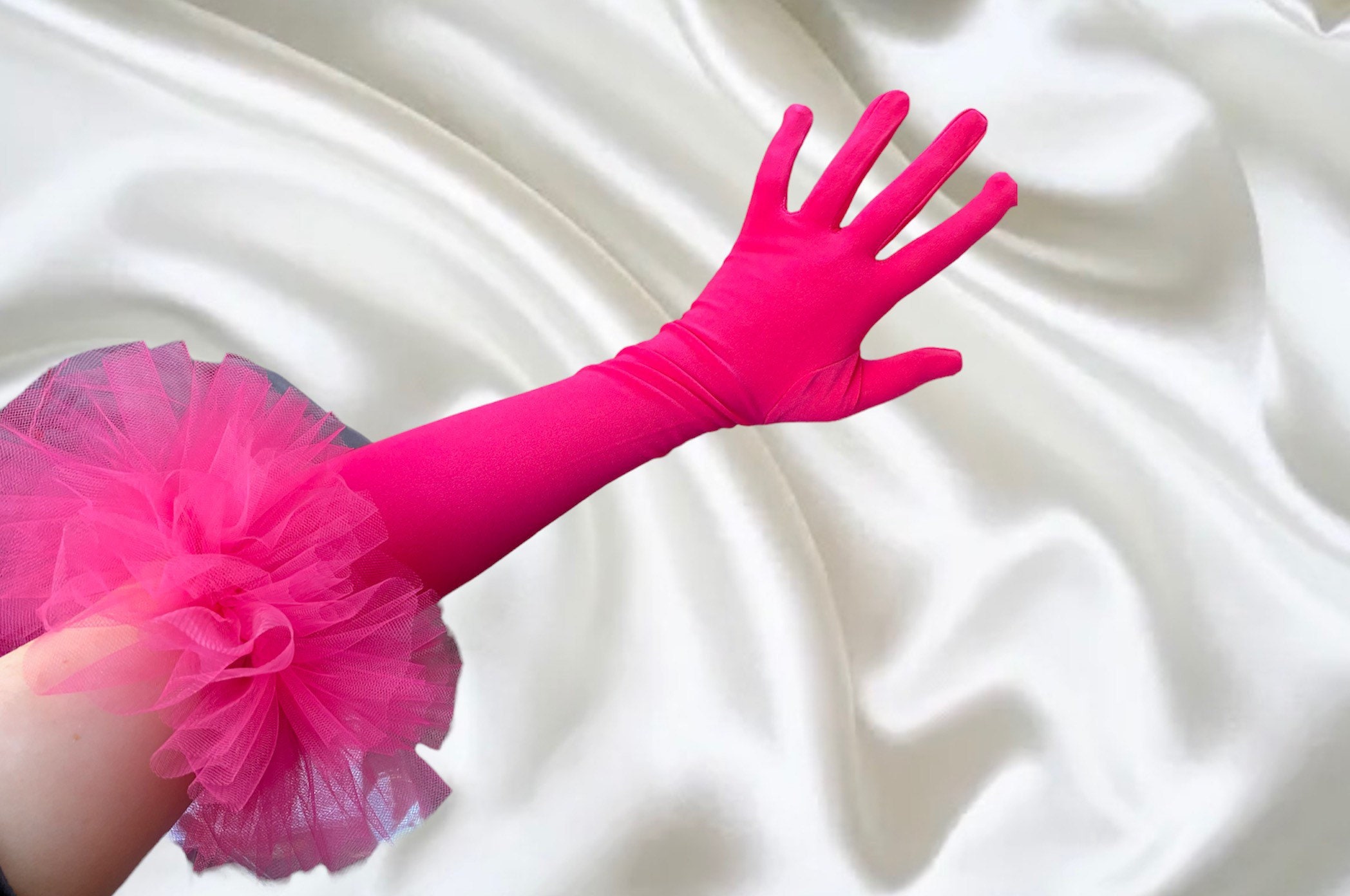 statement Ruffle Hot Pink Gloves Tutu Tulle On Soft Matte Glove, Over The Elbow Opera Length Performance Dance Event Puff Pom