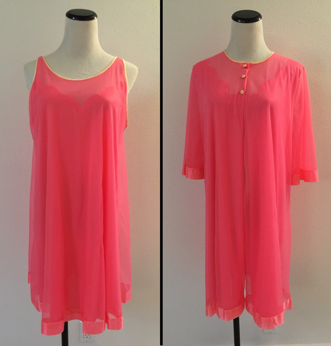 S Mod Hot Pink Peignoir Set By Lorainne Chiffon Gown And Robe Set With Scalloped Details