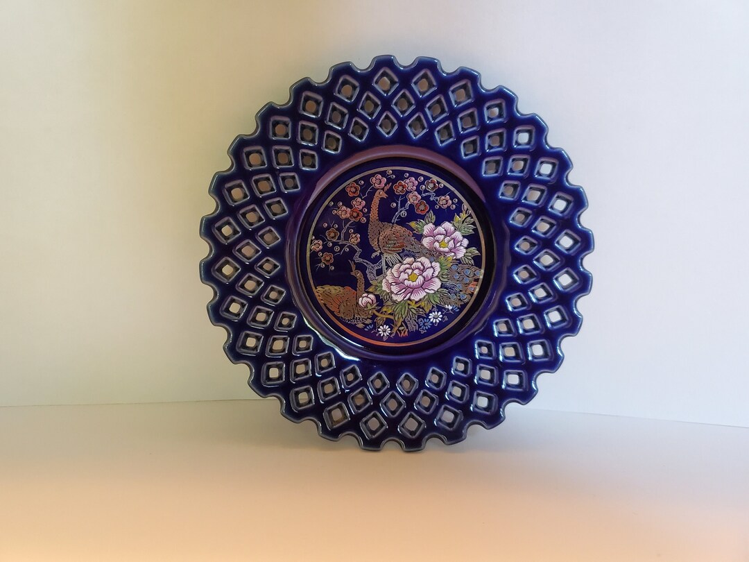 Vintage Japanese Interpur Cobalt Blue Ceramic Lattice Plate Beautiful