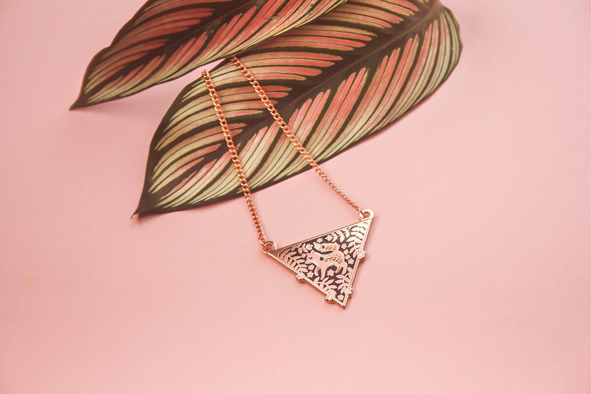 Enamel Fox Necklace, Rose Gold Floral Triangle Pendant