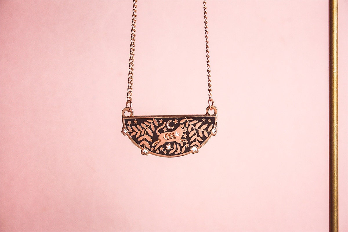 Enamel Cat Necklace, Rose Gold Floral Semi-Circle Pendant