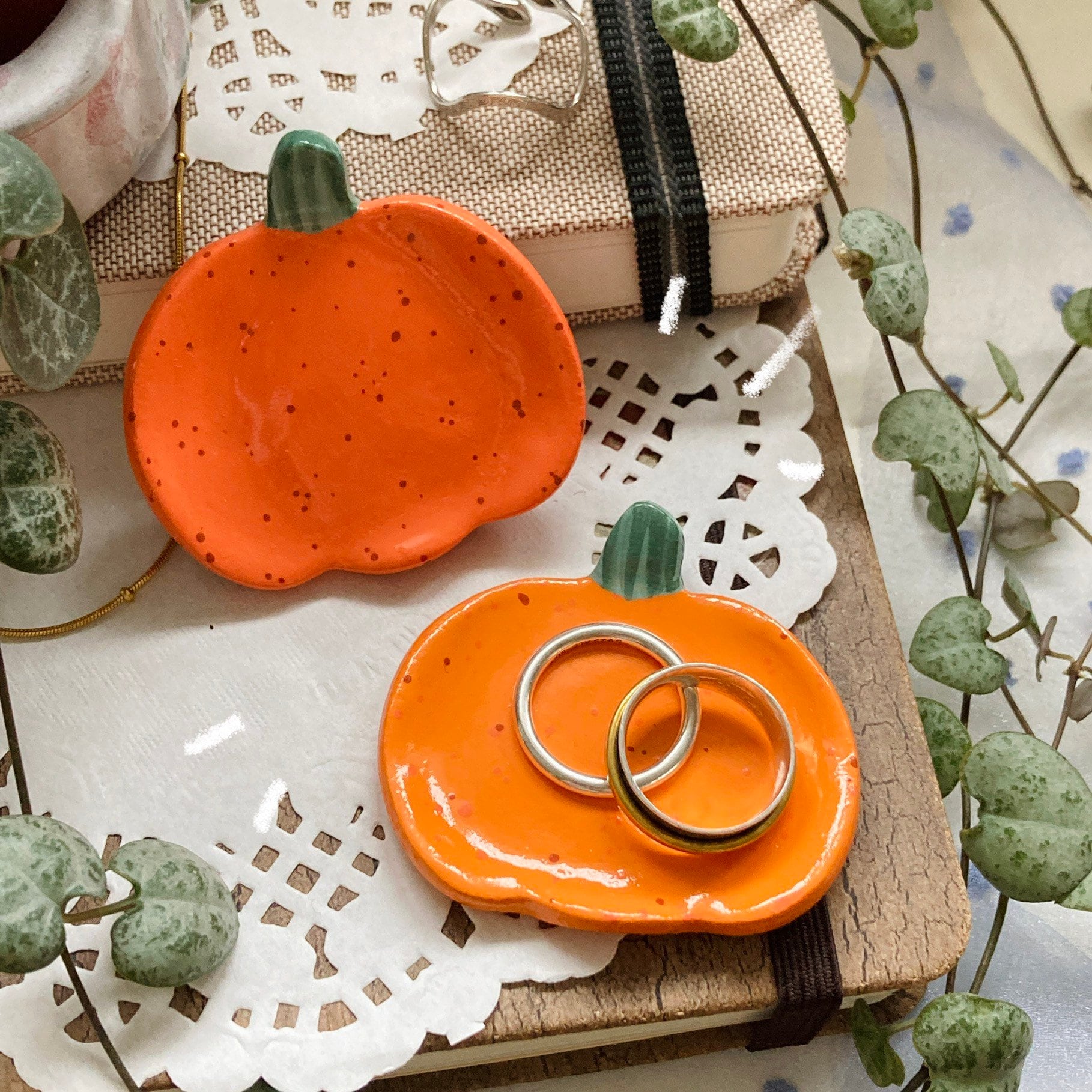 Mini Pumpkin Clay Ring Plate Jewellery Dish, Cute Tiny Rest Tray With Speckles - Handmade Autumn Home Decoration