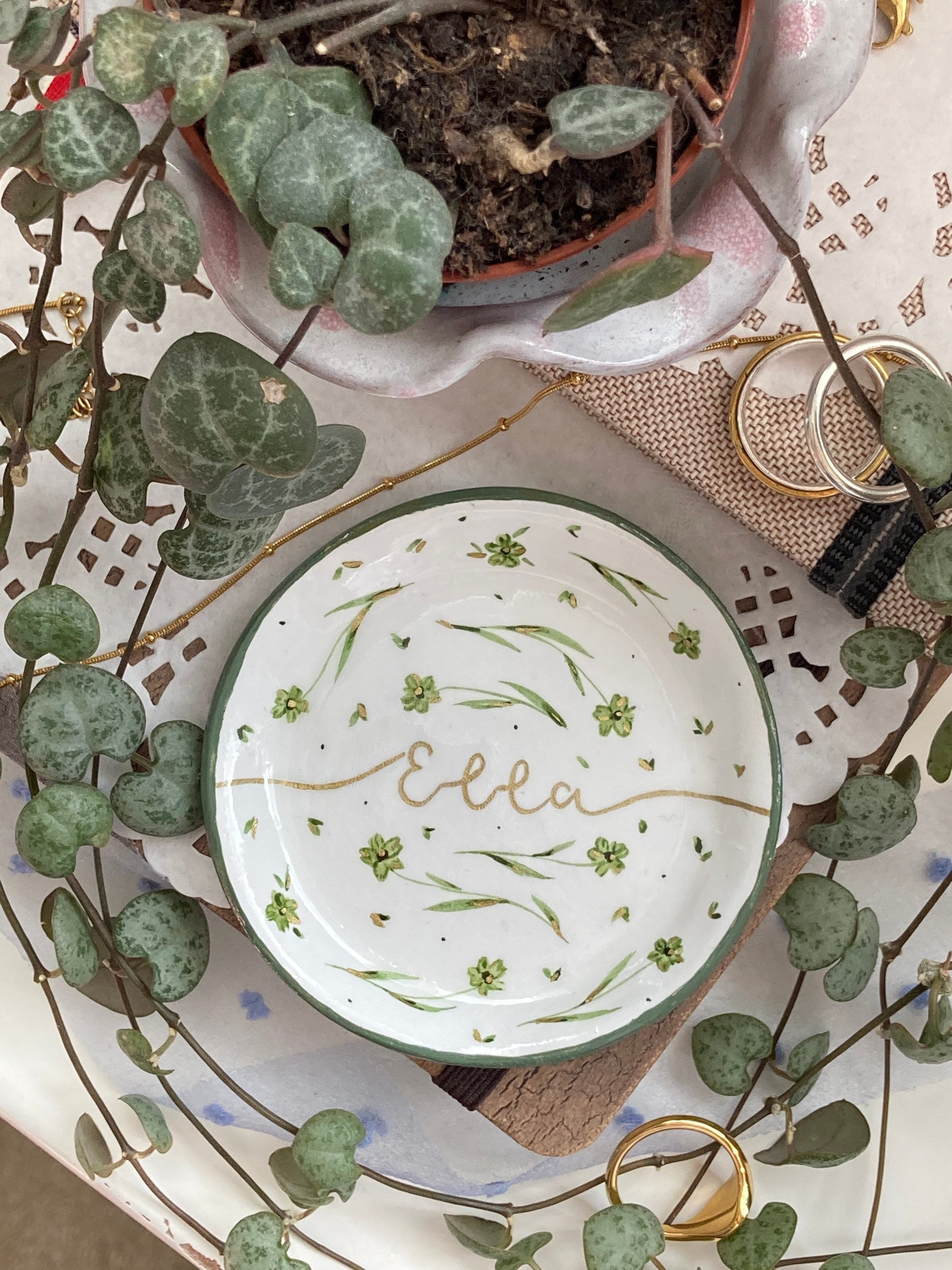 Personalised Floral Name Dish Jewellery Ring Trinket Bowl Gift - Sage Green & Gold Rose Watercolour Vintage Small