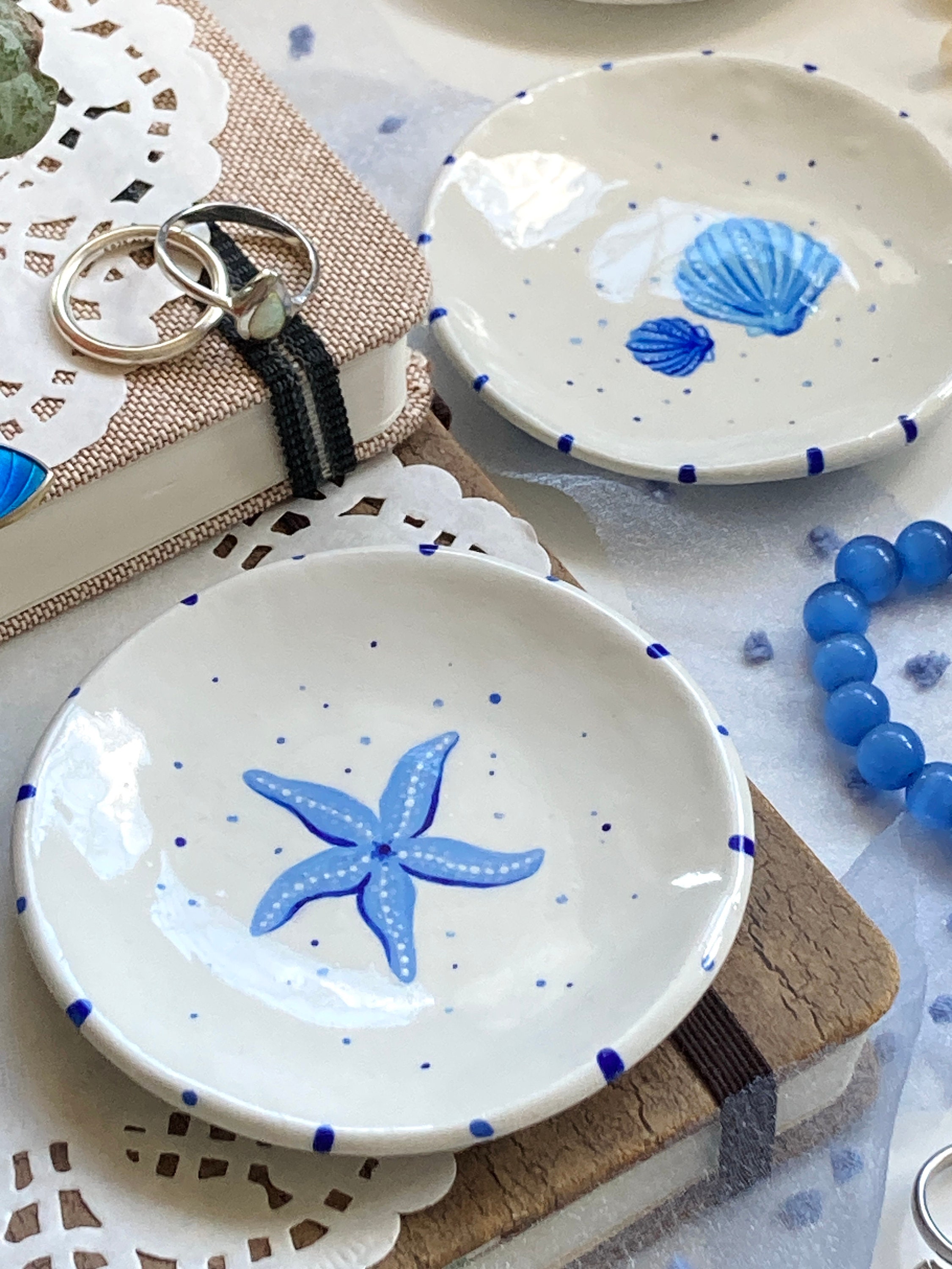 Blue Starfish & Shell Jewellery Dish, Ring Trinket Bowl - White Seaside Theme Decoration Small
