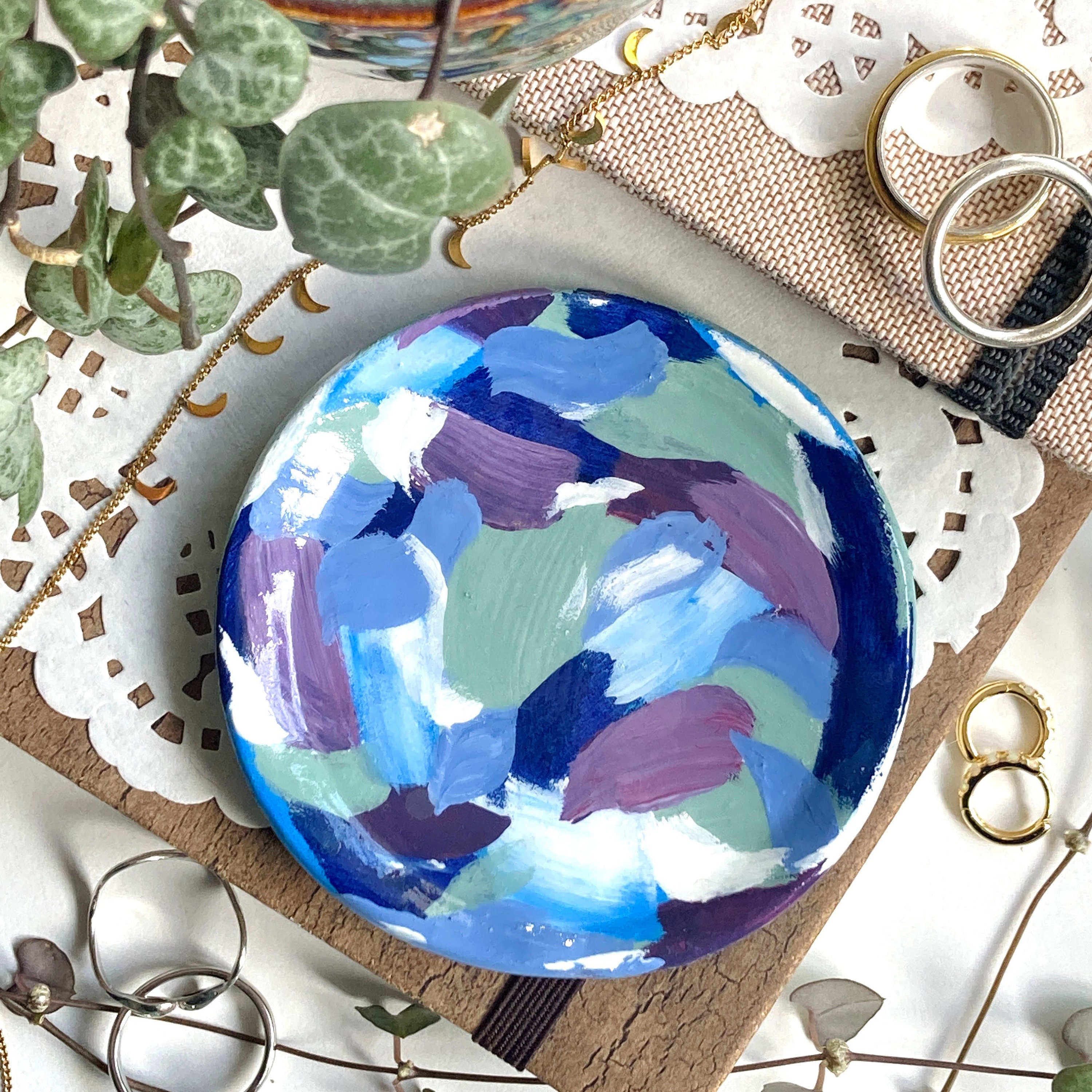 Abstract Painting Ring Dish - Purple, Blue & White Zero Waste Jewellery Storage Tray, Handmade Hand Painted, Small