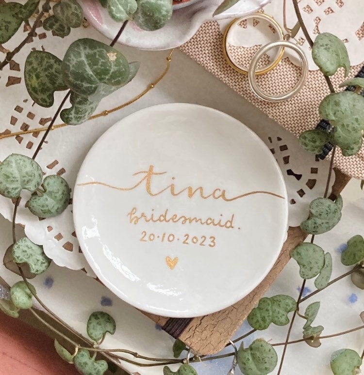 Personalised Bridesmaid Maid Of Honour Clay Ring Dish, Wedding Party Gift - Thank You Life Event Keepsake Gold, Handmade & Handpainted