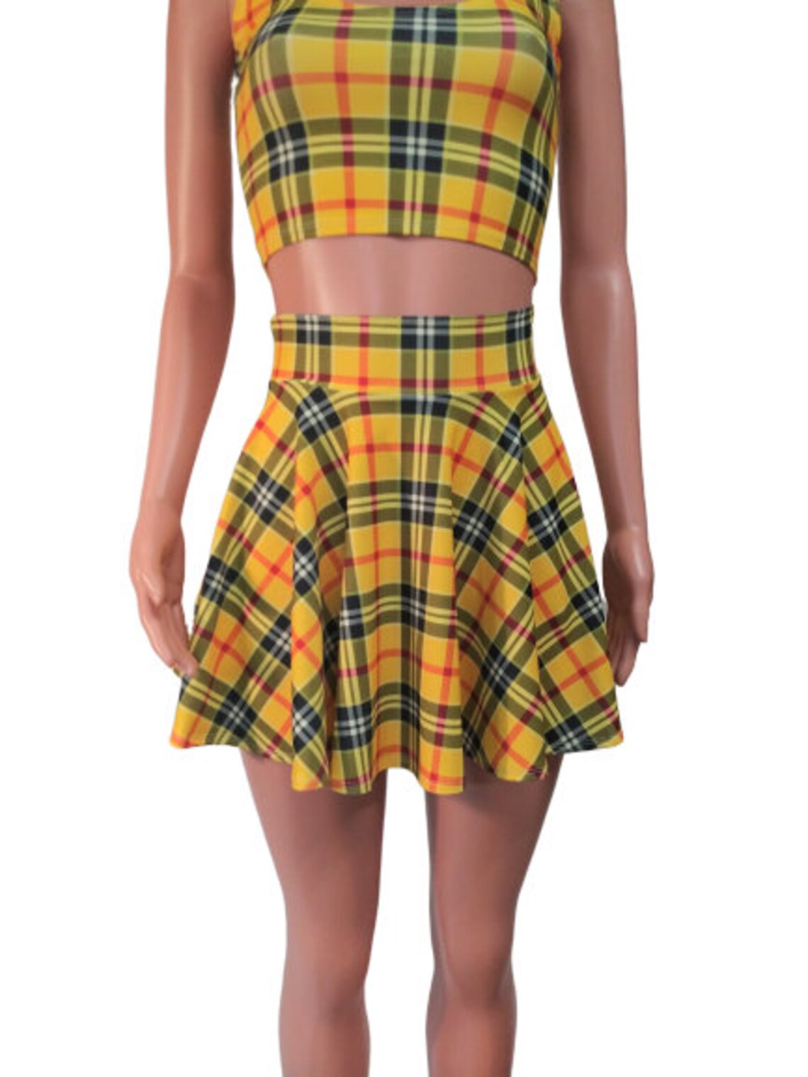 high quaity Yellow Plaid Skater Skirt Circle Skirt Soft Flowing
