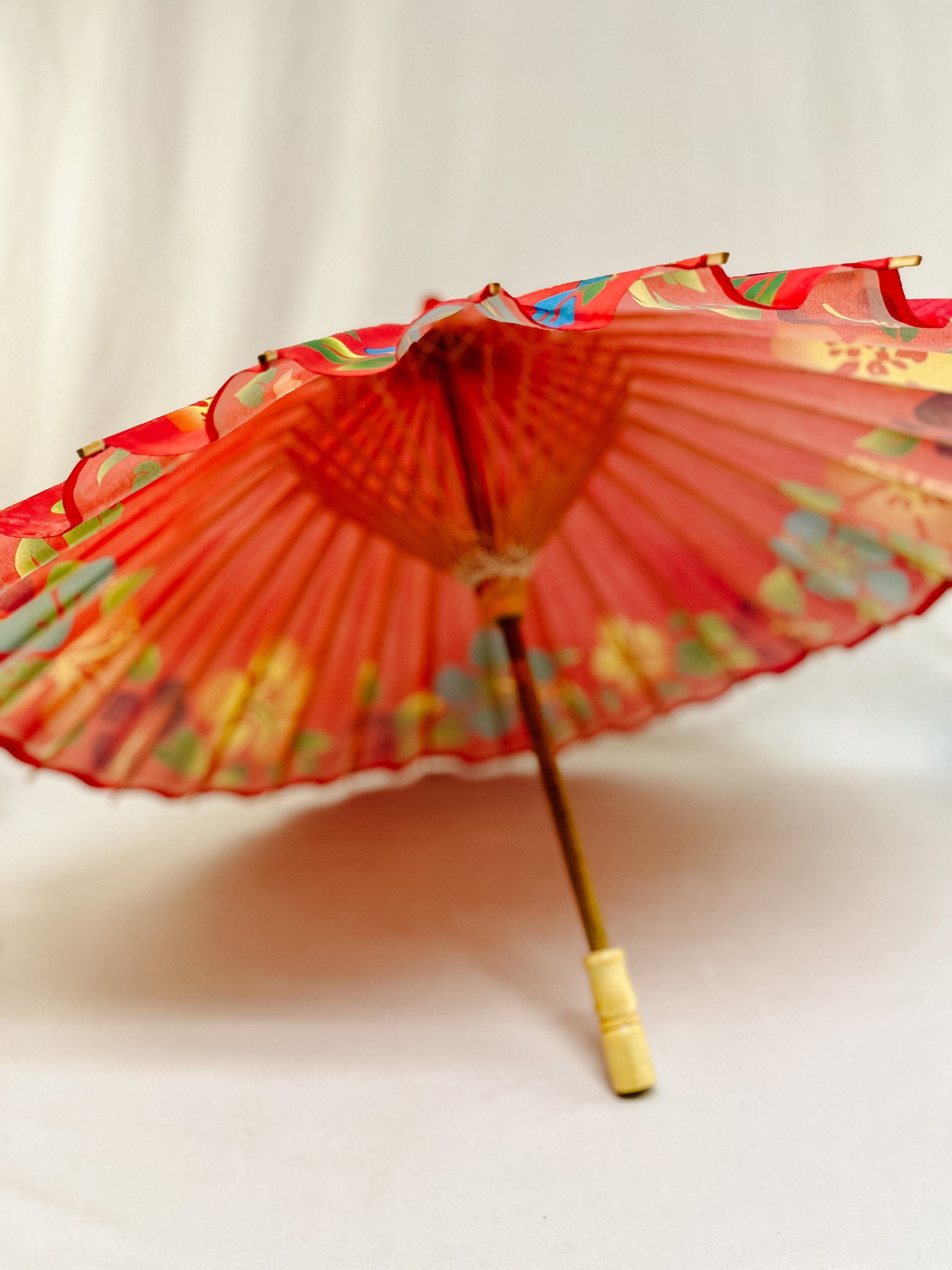 Vintage Asian Bamboo And Rice Paper Hand Painted Parasol Etsy