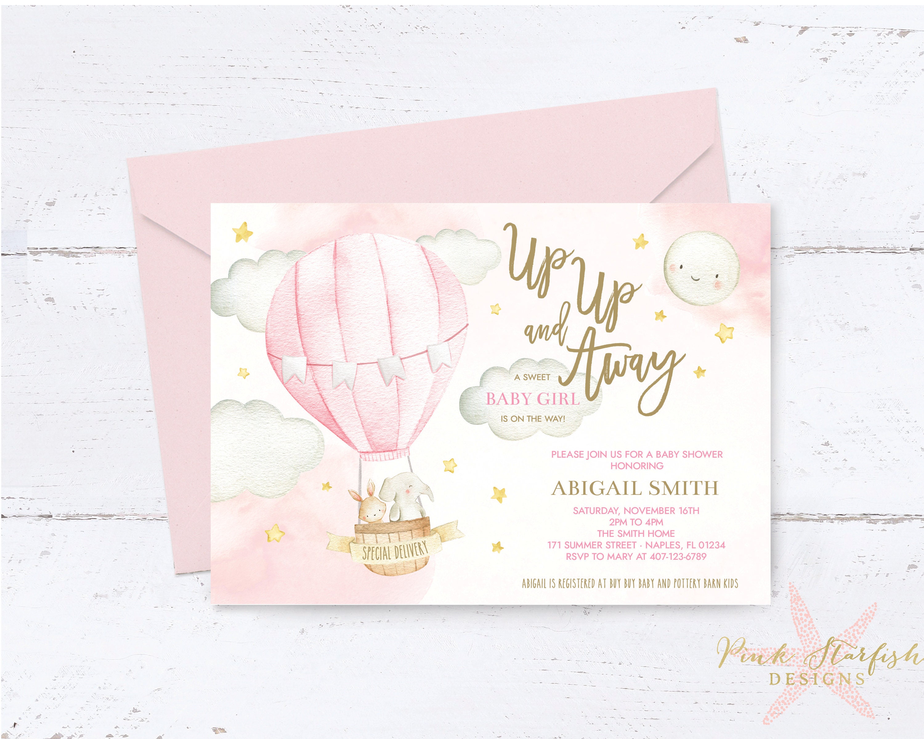Balloon Baby Shower Invitation Up Up And Away Hot Air Balloon Baby Girl Baby Shower