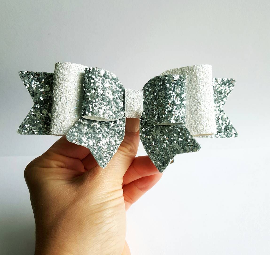 Silver & White Glitter Hair Bow, Big Oversized Clip, Cheer Party Silver Angel Costume