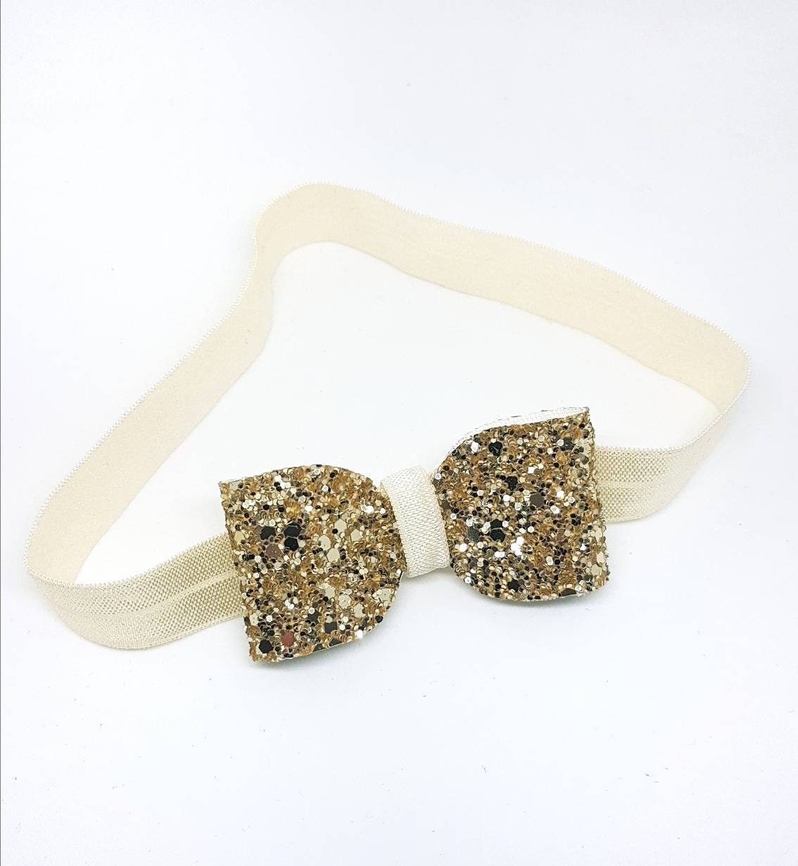 Gold Headband, Baby Flower Girl Wedding Bow, Glitter Hair Toddler Photography Prop, Baby Hair Bow