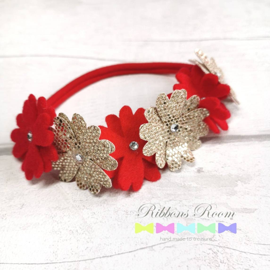 Red & Gold Daisy Flower Crown Headband, Baby Wedding Hair Accessories, Newborn Photo Prop