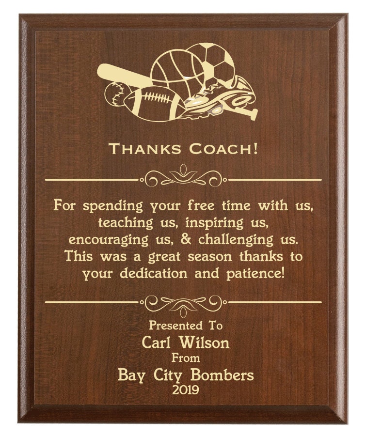 Coach Thank You Gift End Of Season Award Plaque From The Team