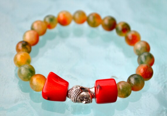Incroyable corail de bambou rouge, jade et perle de Budha perle main tibétaine guérison Mala Bracelet-poignet - pour la peau de sang poumon rein coeur Chakra Anxie