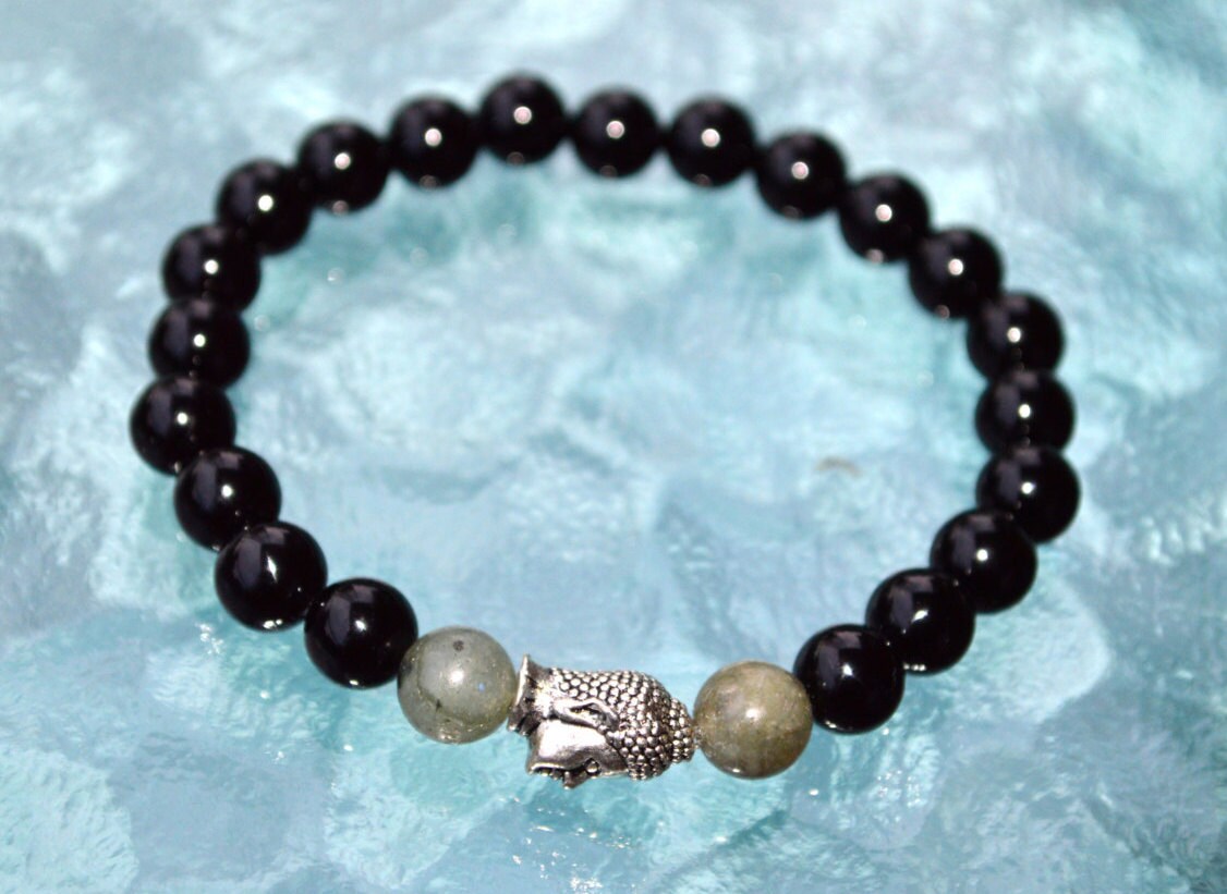 Bracelet en perles de bouddha mala avec guérison en labradorite et en onyx noir - pour de nouvelles opportunités, capacités psychiques et équilibre des émotions