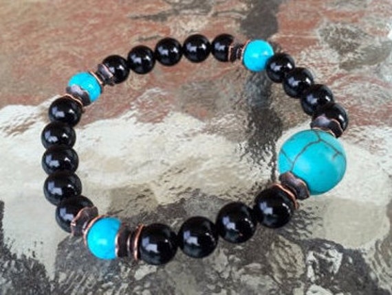 Onyx noir & Turquoise fait à la main au poignet Mala Perles Bracelet de Guérison - Pour la Dépression Cauchemars Amitié Haute BP Coeur Chakra Detoxifica