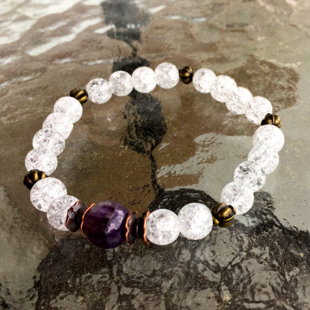 8 mm Kristallquarz Himalyan Eis mit 10 mm Amethyst Zentrum Stein Gebetskette Armschmuck